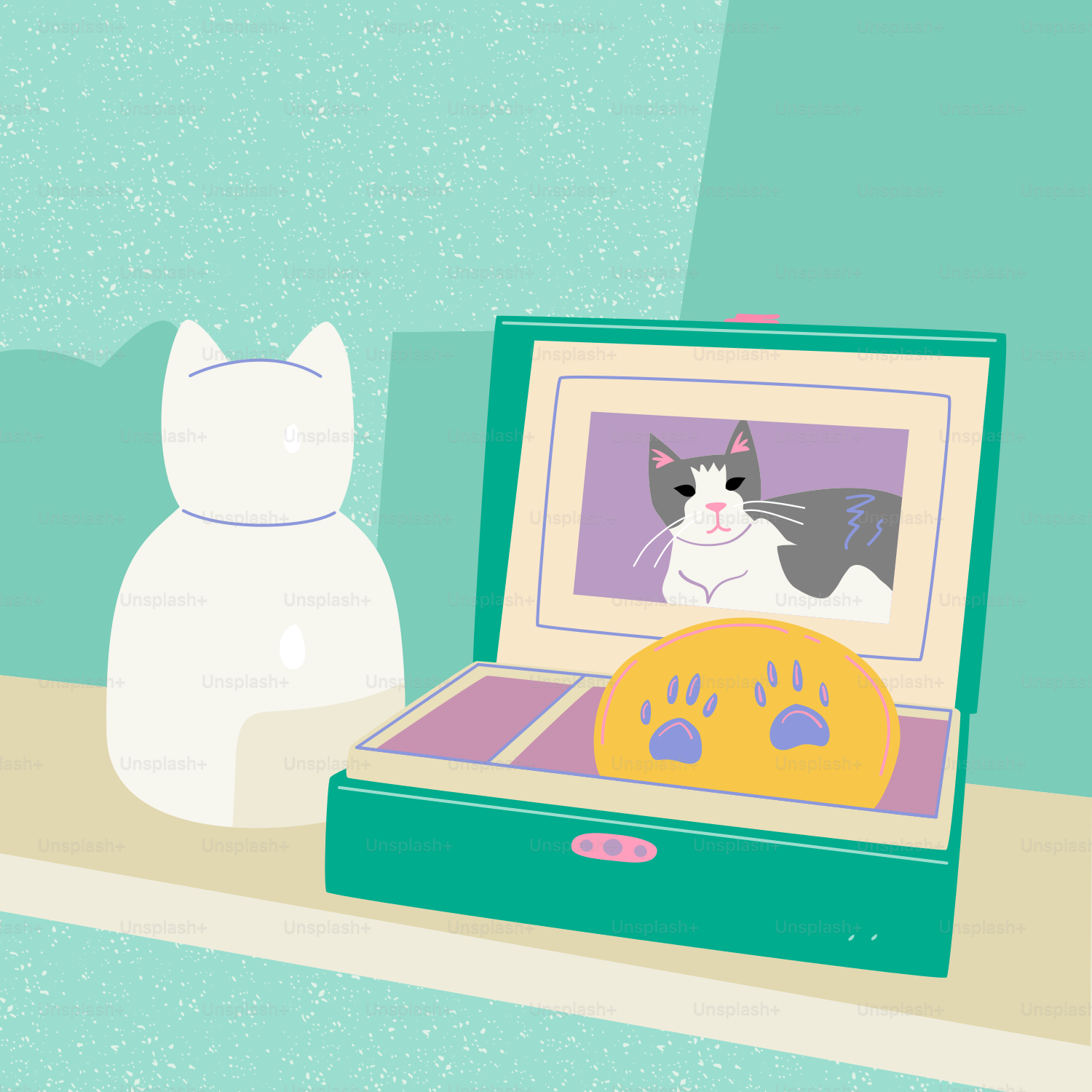 Una figura de gato blanco junto a una caja verde abierta con una ilustración de un gato