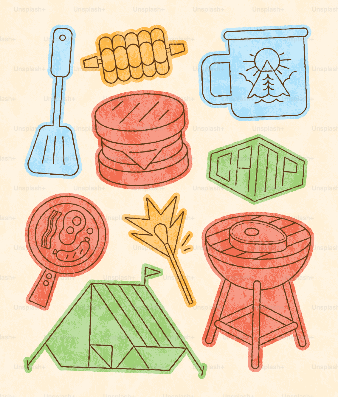 Ícones de camping incluem espátula, milho, caneca, sanduíche, barraca e churrasqueira.