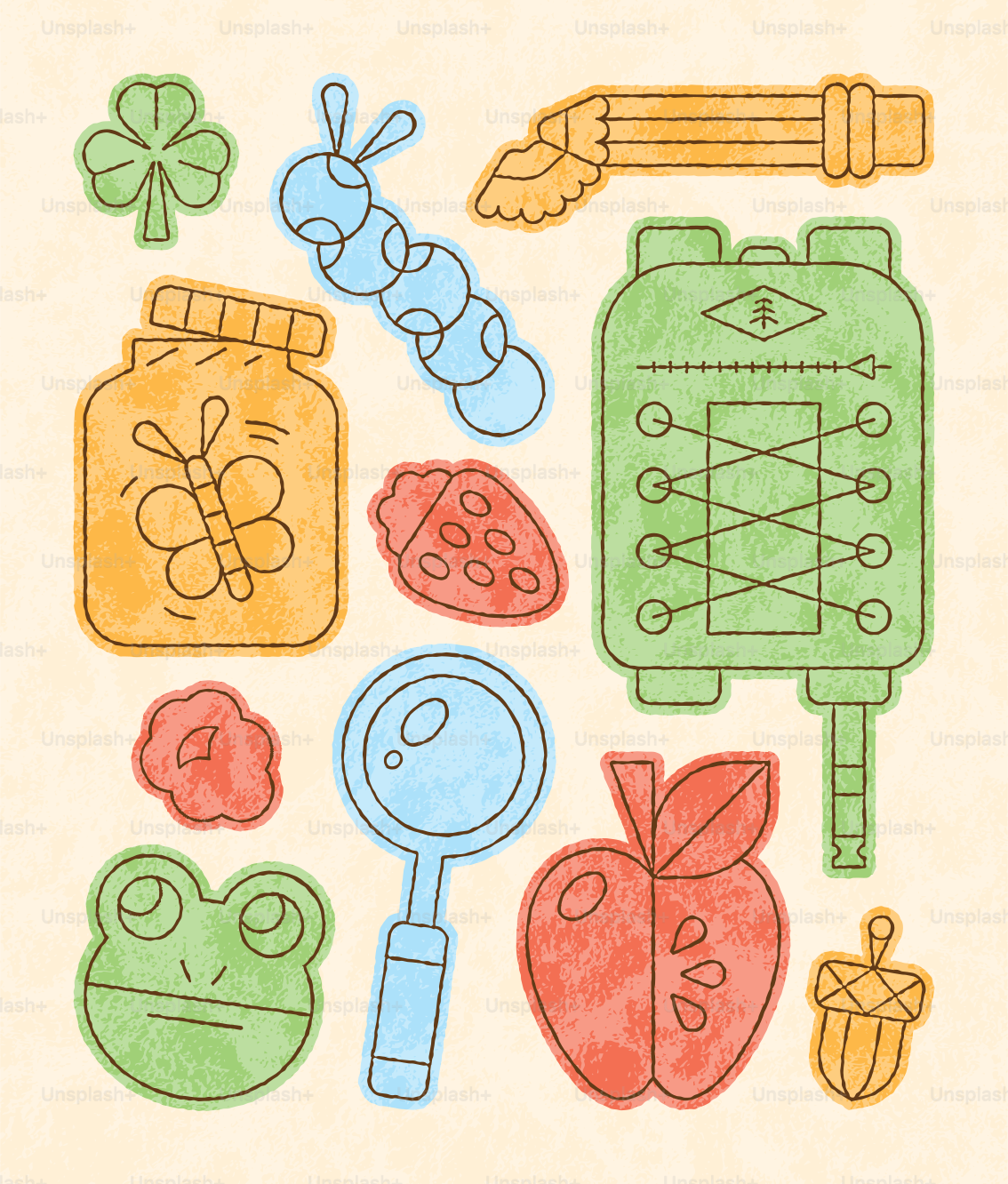 Uma coleção de adesivos coloridos com tema da natureza, incluindo um sapo, uma maçã e uma lupa.