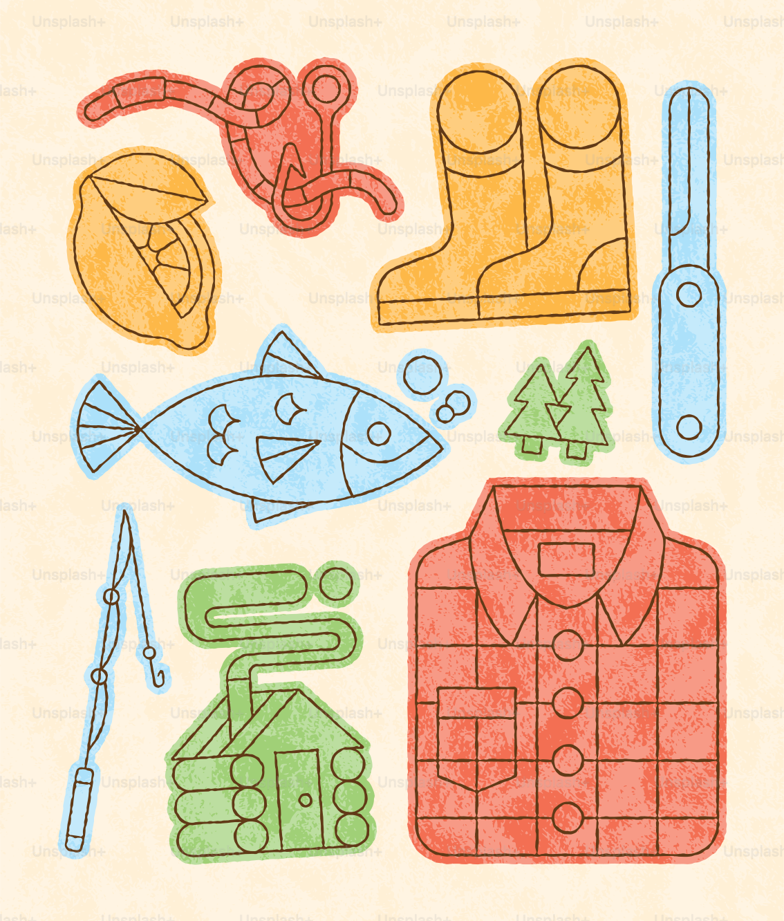 Uma coleção de ícones da pesca, incluindo um peixe, botas, uma vara e uma cabana.