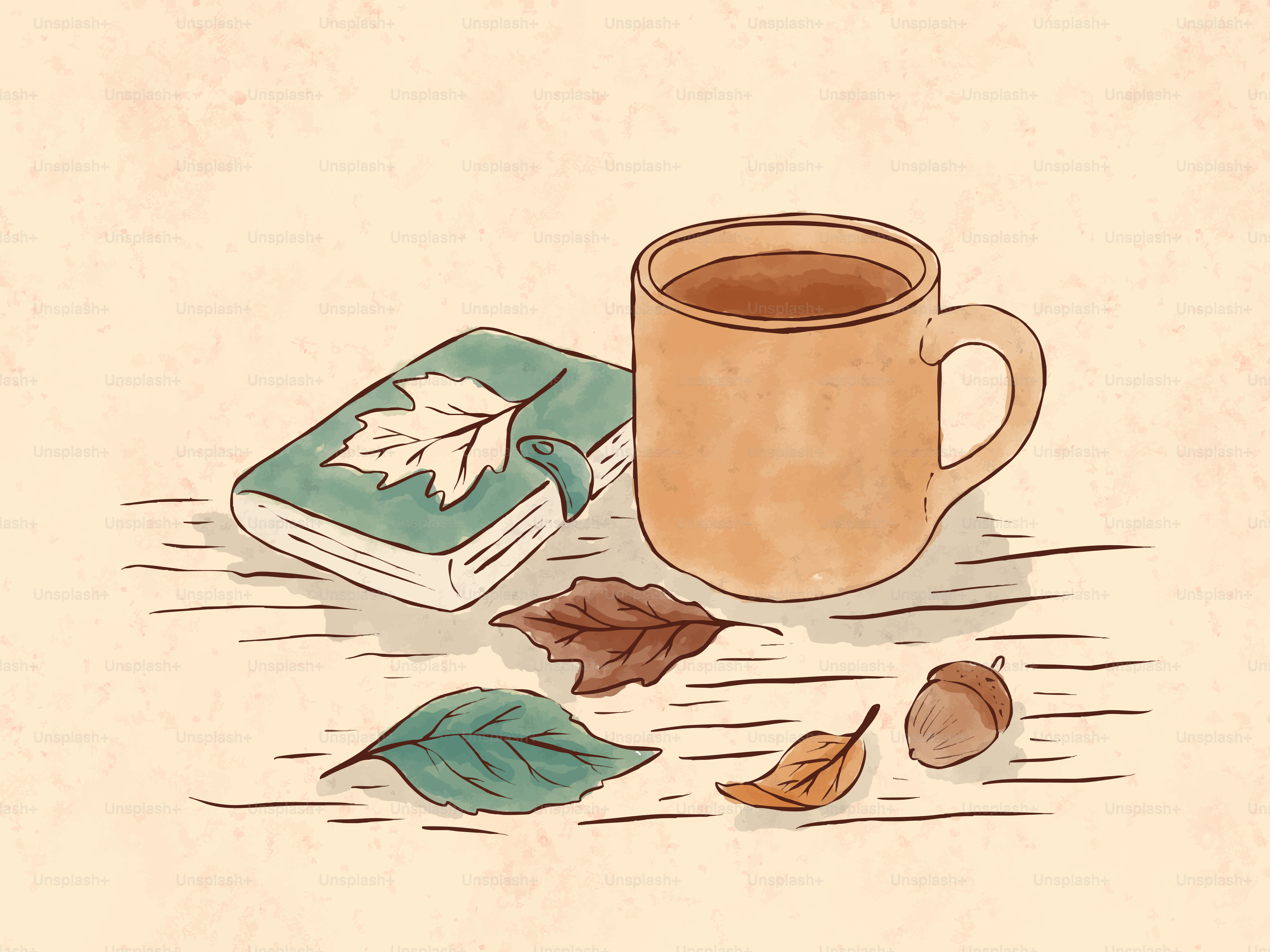 Une tasse de café à côté d’un petit livre et des feuilles d’automne sur du bois