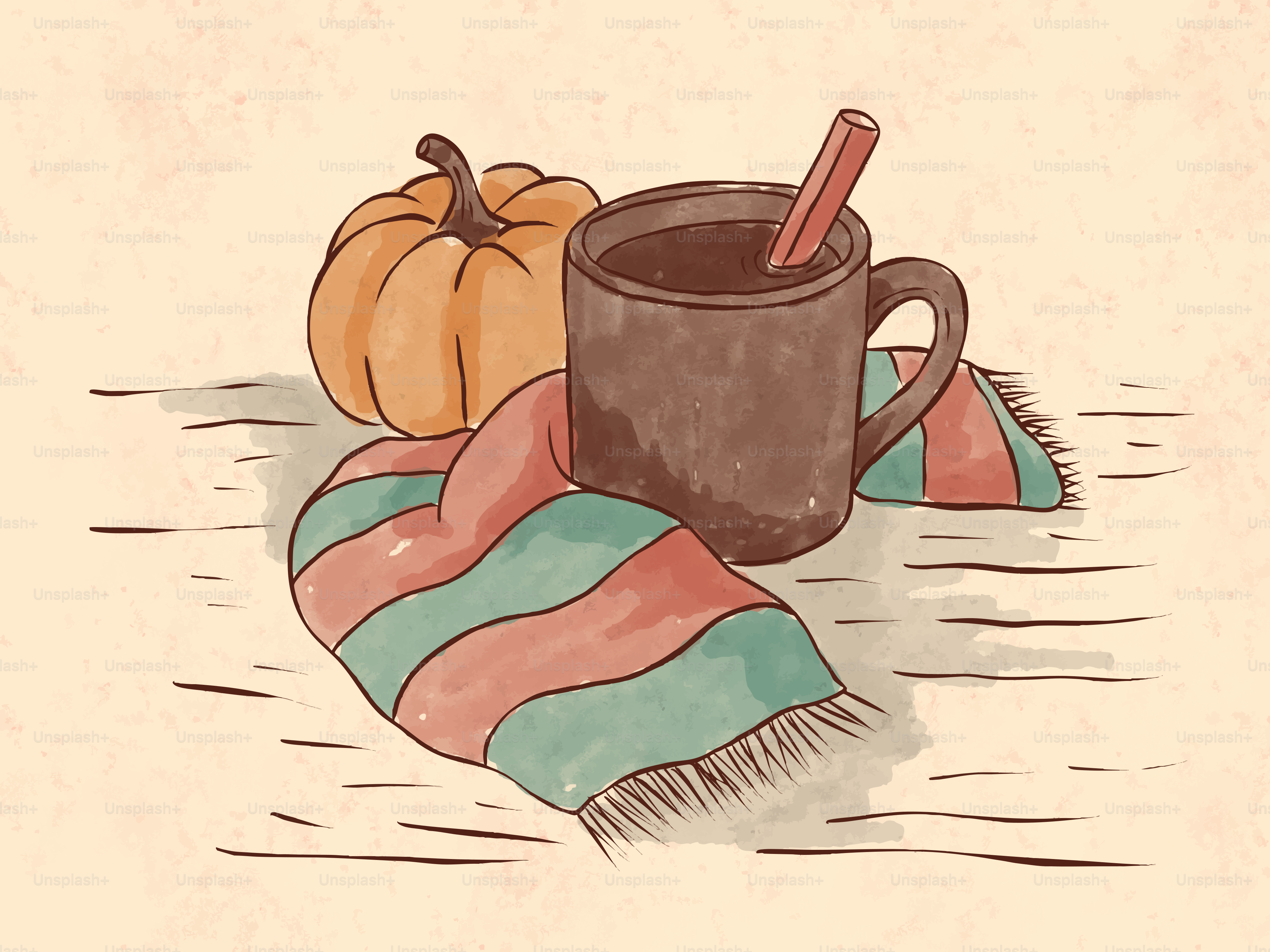 Une citrouille, une tasse avec un bâton de cannelle, et une écharpe rayée sur du bois