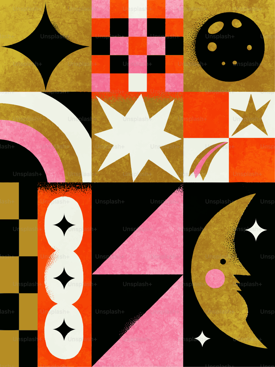 Geometric pattern with stars, a crescent moon, and colorful shapes on textured backgrounds