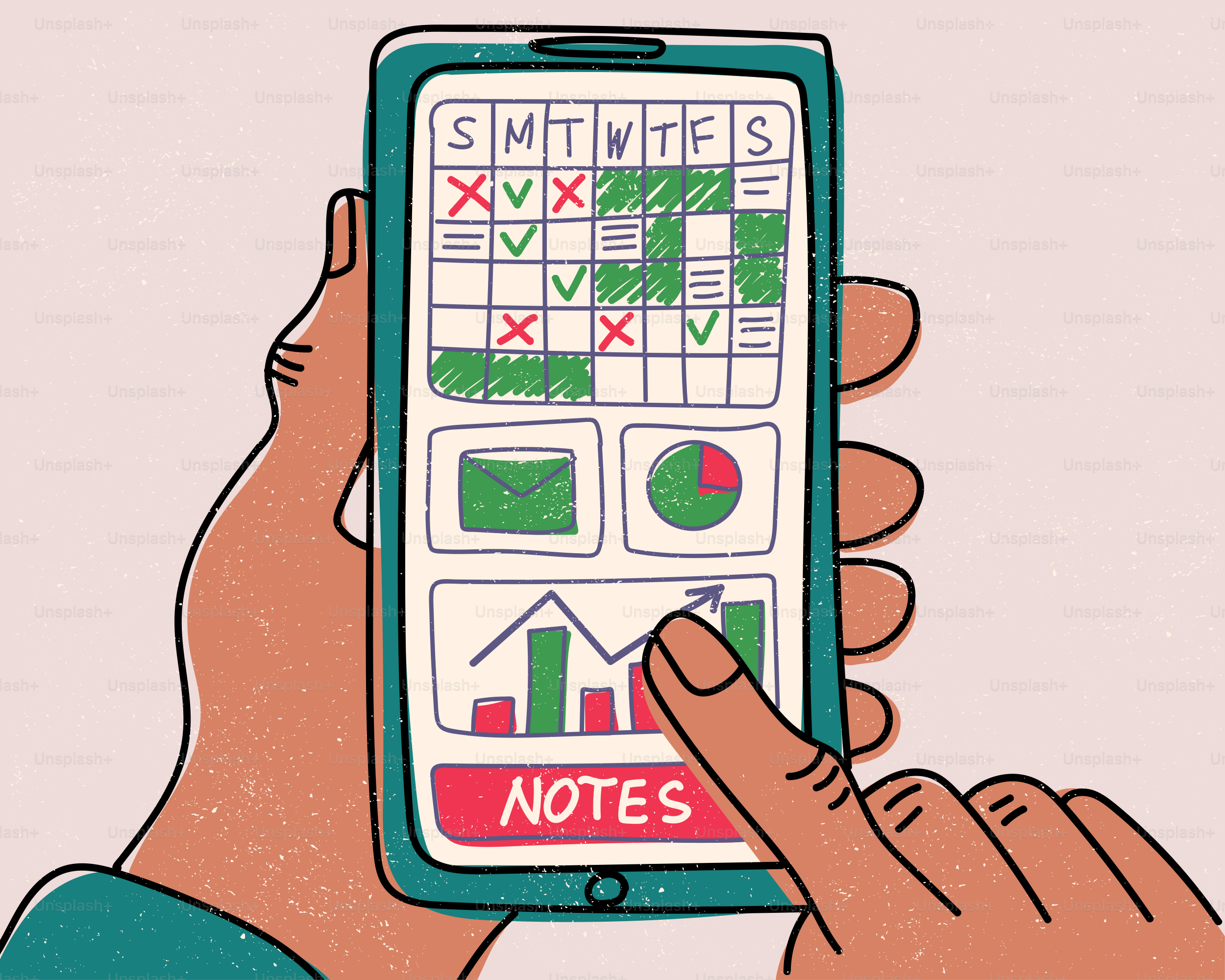 Tangan memegang smartphone yang menampilkan kalender digital dan grafik dengan tombol catatan