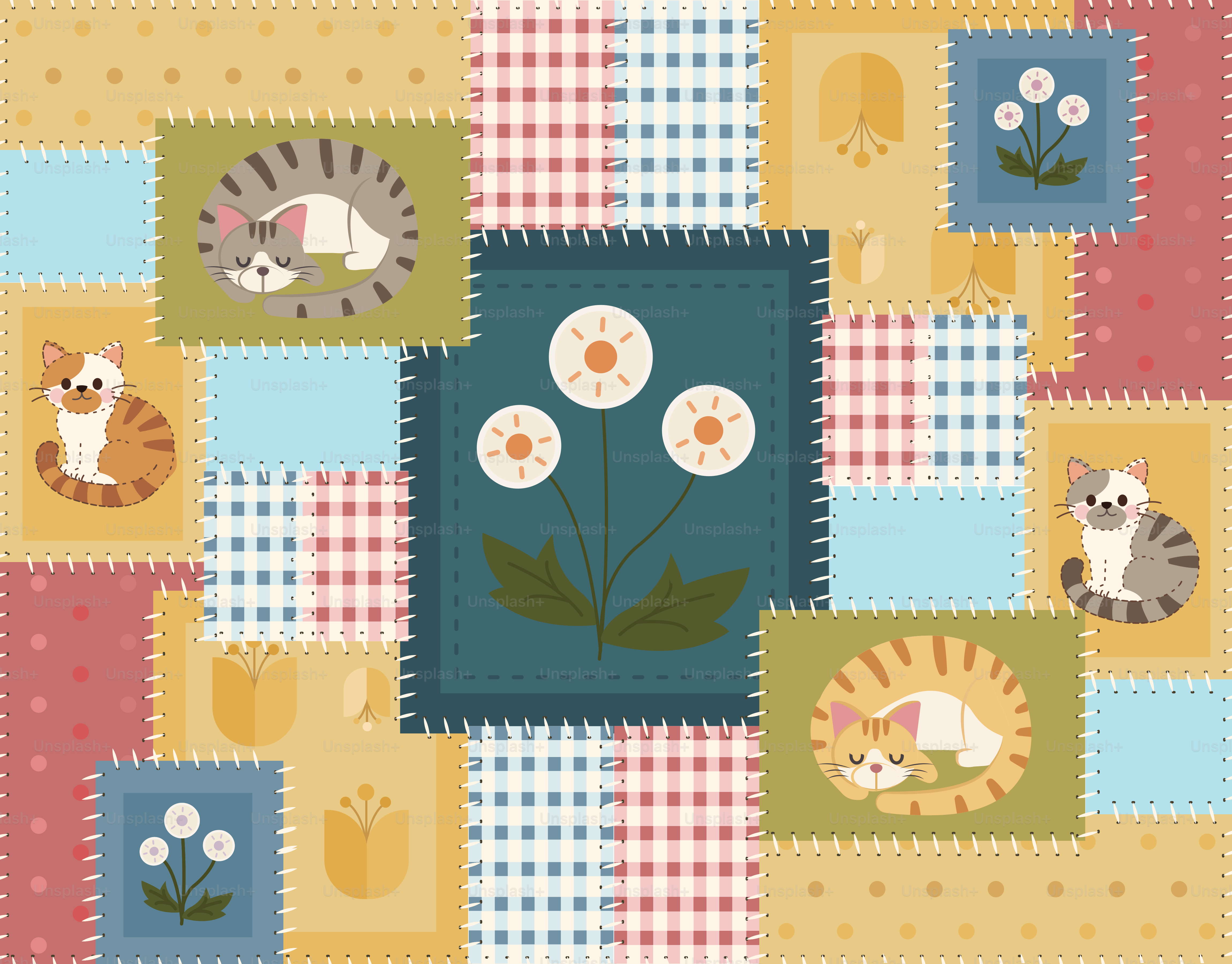 Un patrón de patchwork con gatos, flores y cuadrados de tela a cuadros