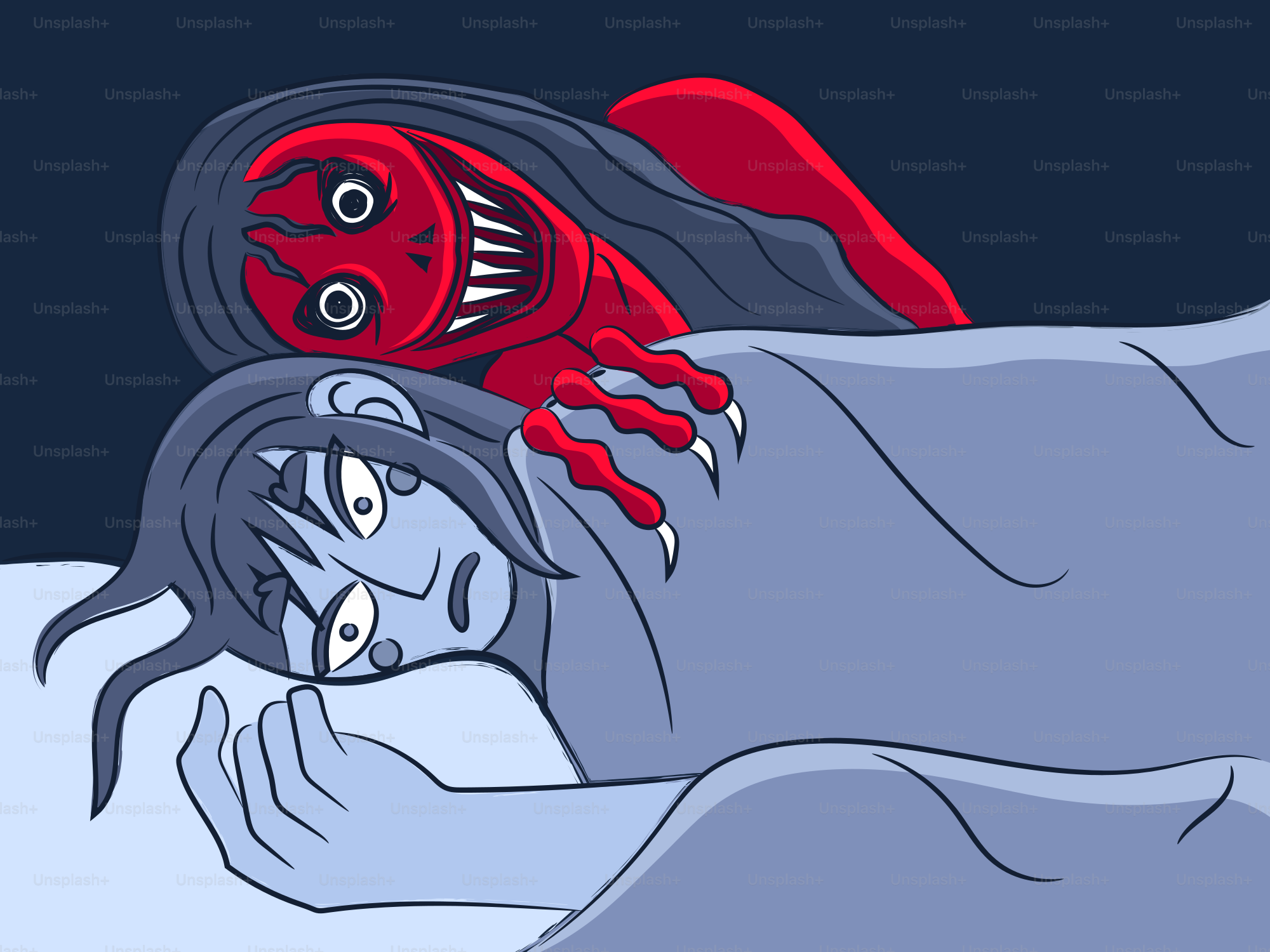 A blue person lying in bed with a red monster behind them
