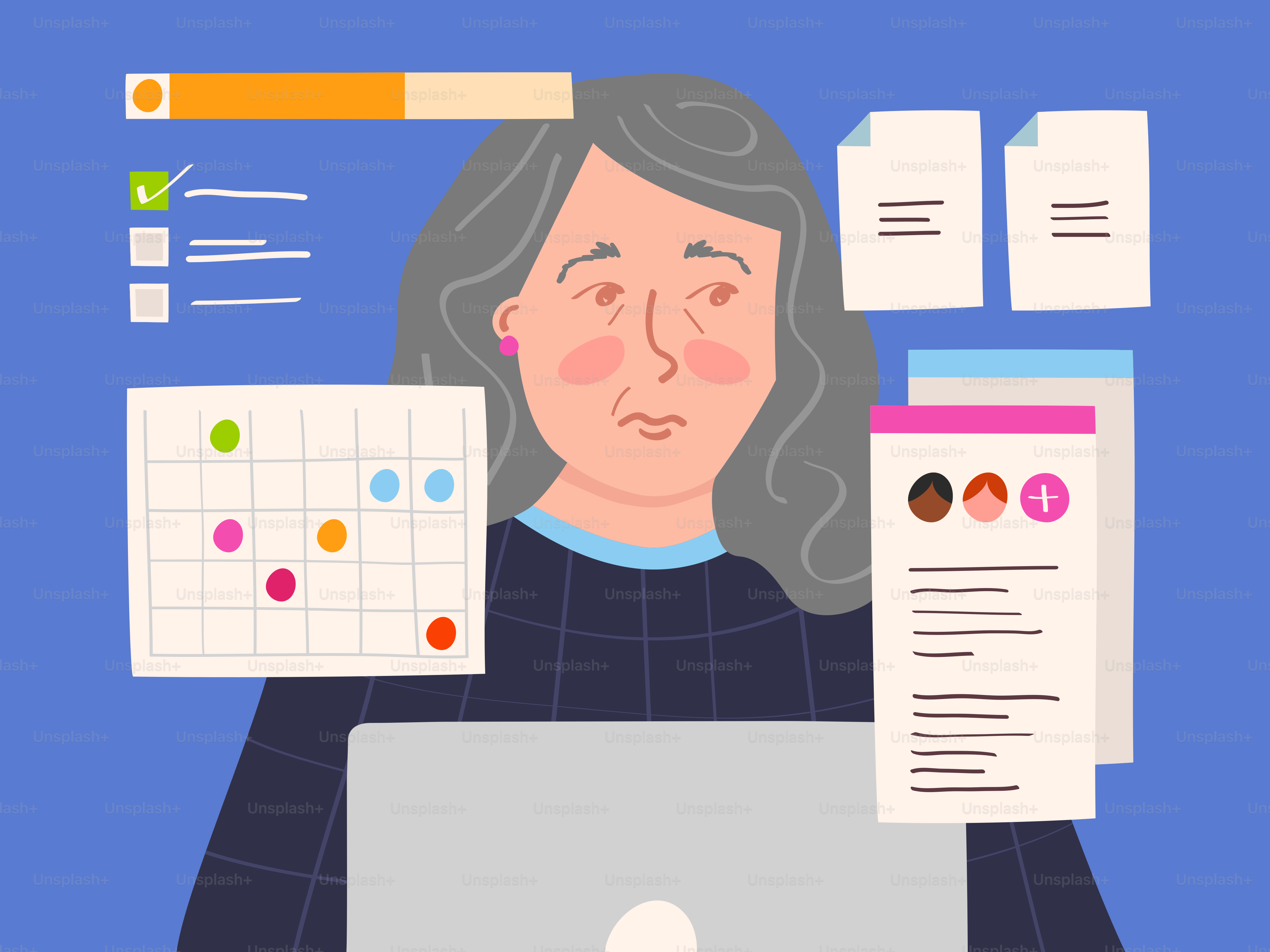 Un adulte aux cheveux gris utilisant un ordinateur portable entouré d’icônes d’interface numérique