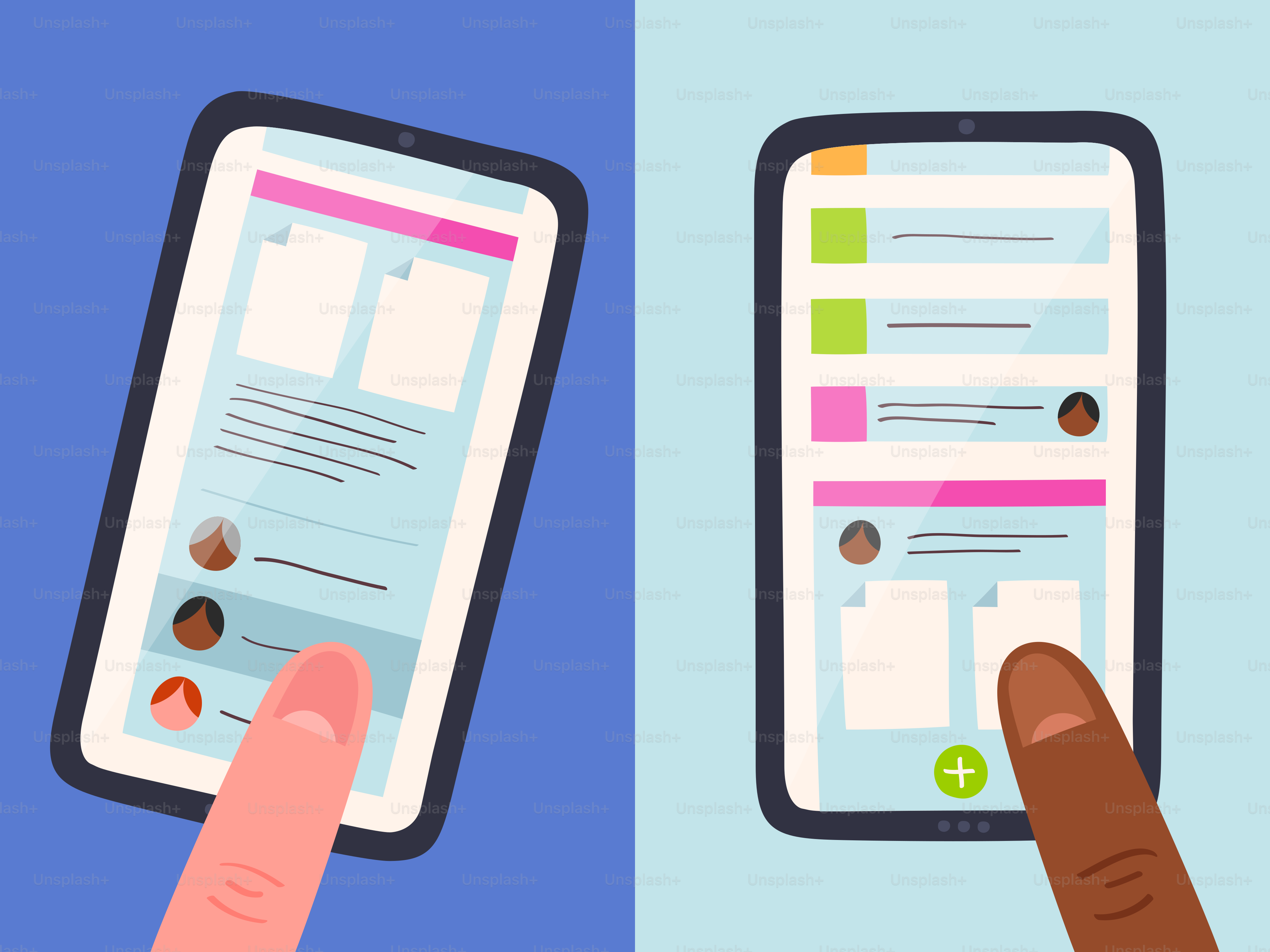 Deux doigts touchant les écrans de smartphones affichant des interfaces de gestion des tâches avec des icônes et des listes