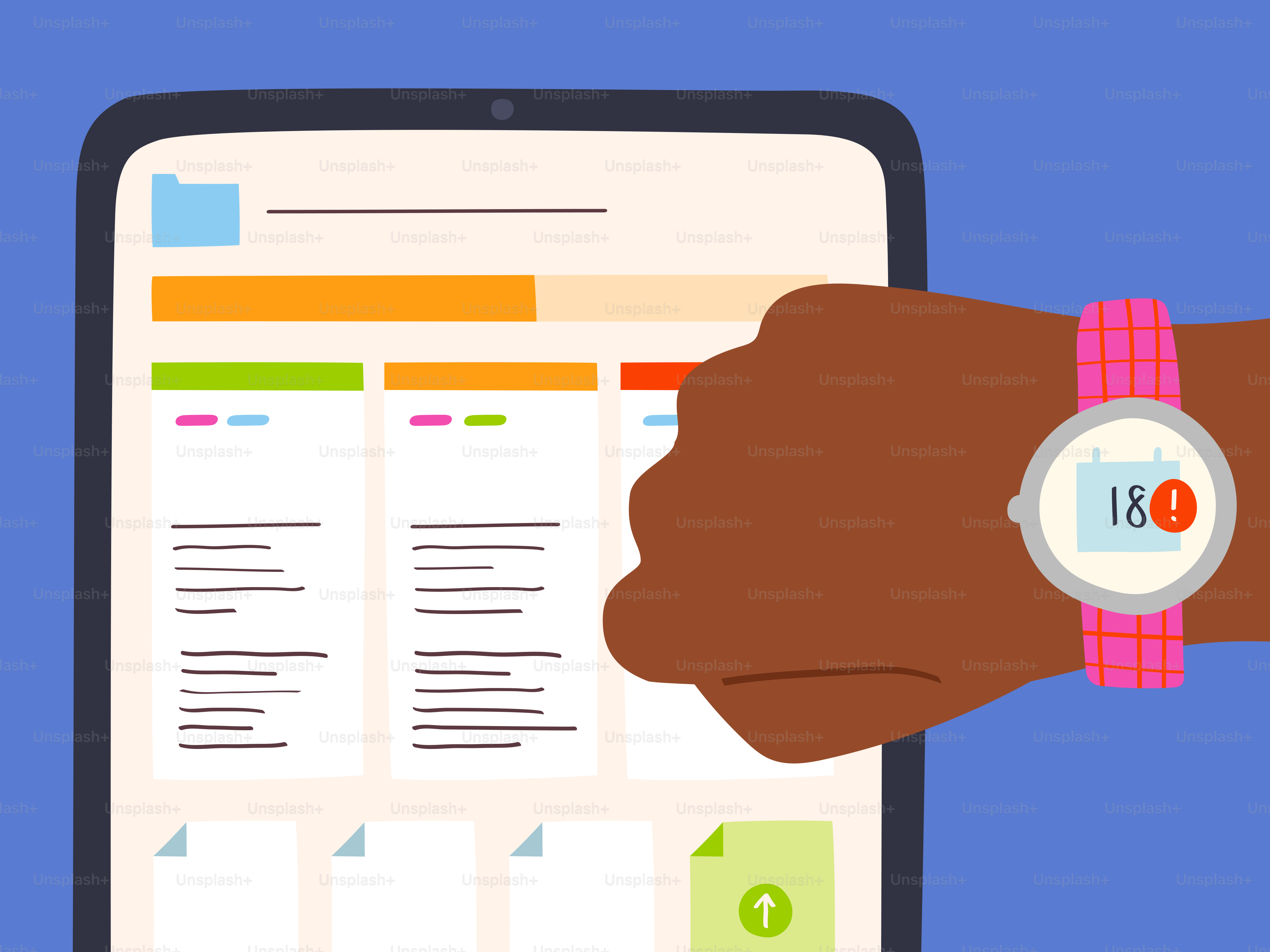Une personne portant une montre connectée plutôt qu’une tablette affichant une interface de gestion de projet