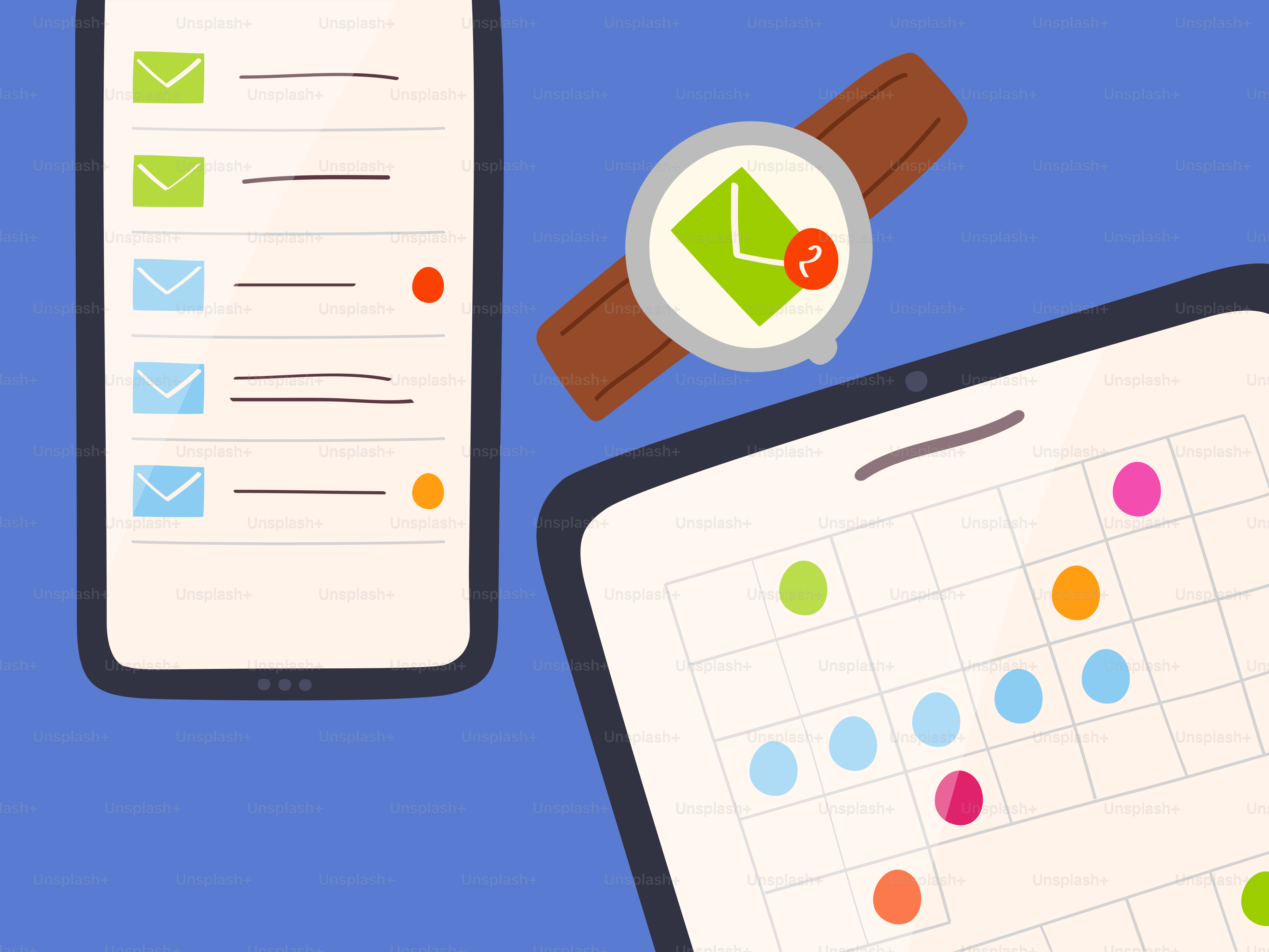 Un smartphone, une montre connectée et une tablette affichant les interfaces de messagerie et de calendrier