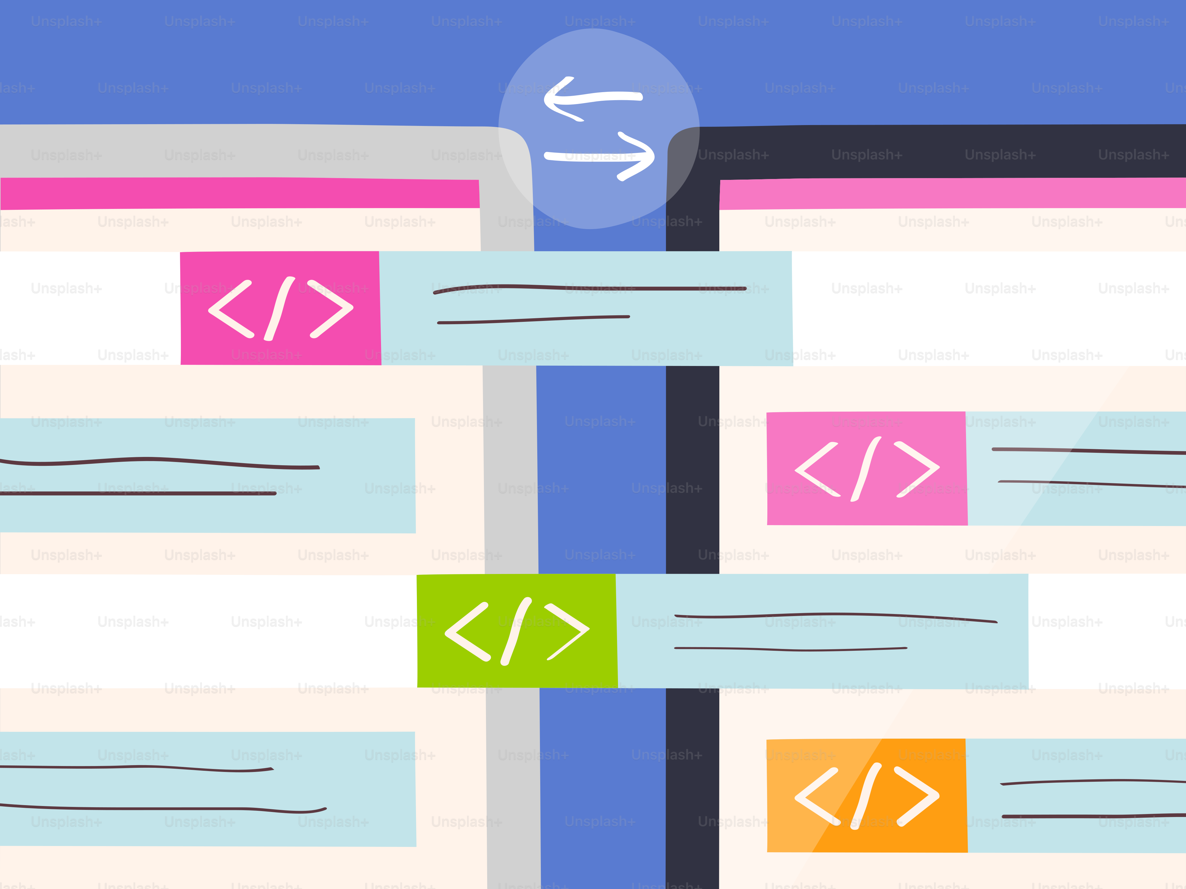 Graphique abstrait de symboles de code et de flèches représentant une collaboration dans un dépôt logiciel