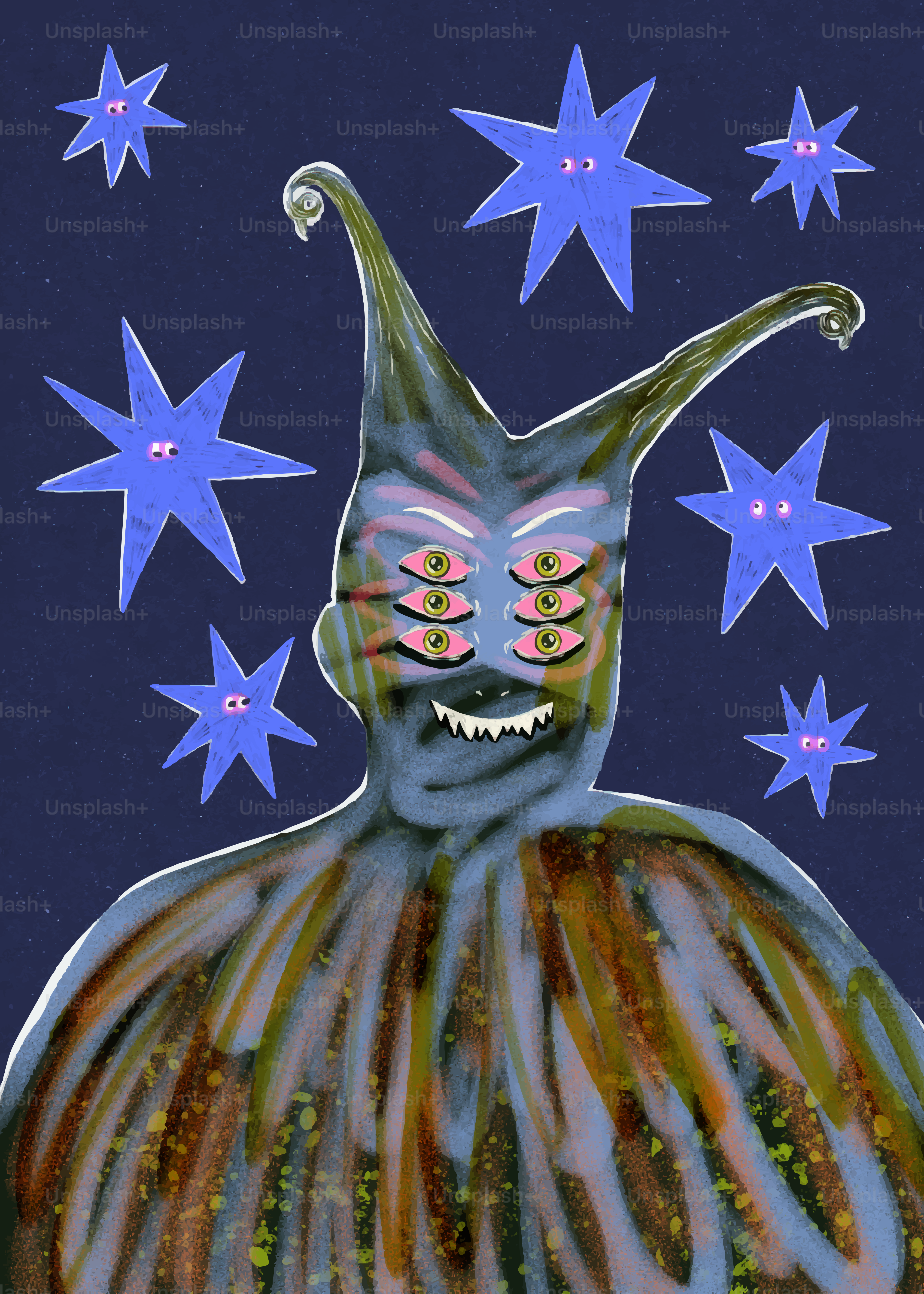 A blue creature with six eyes and two antennae surrounded by blue star shapes