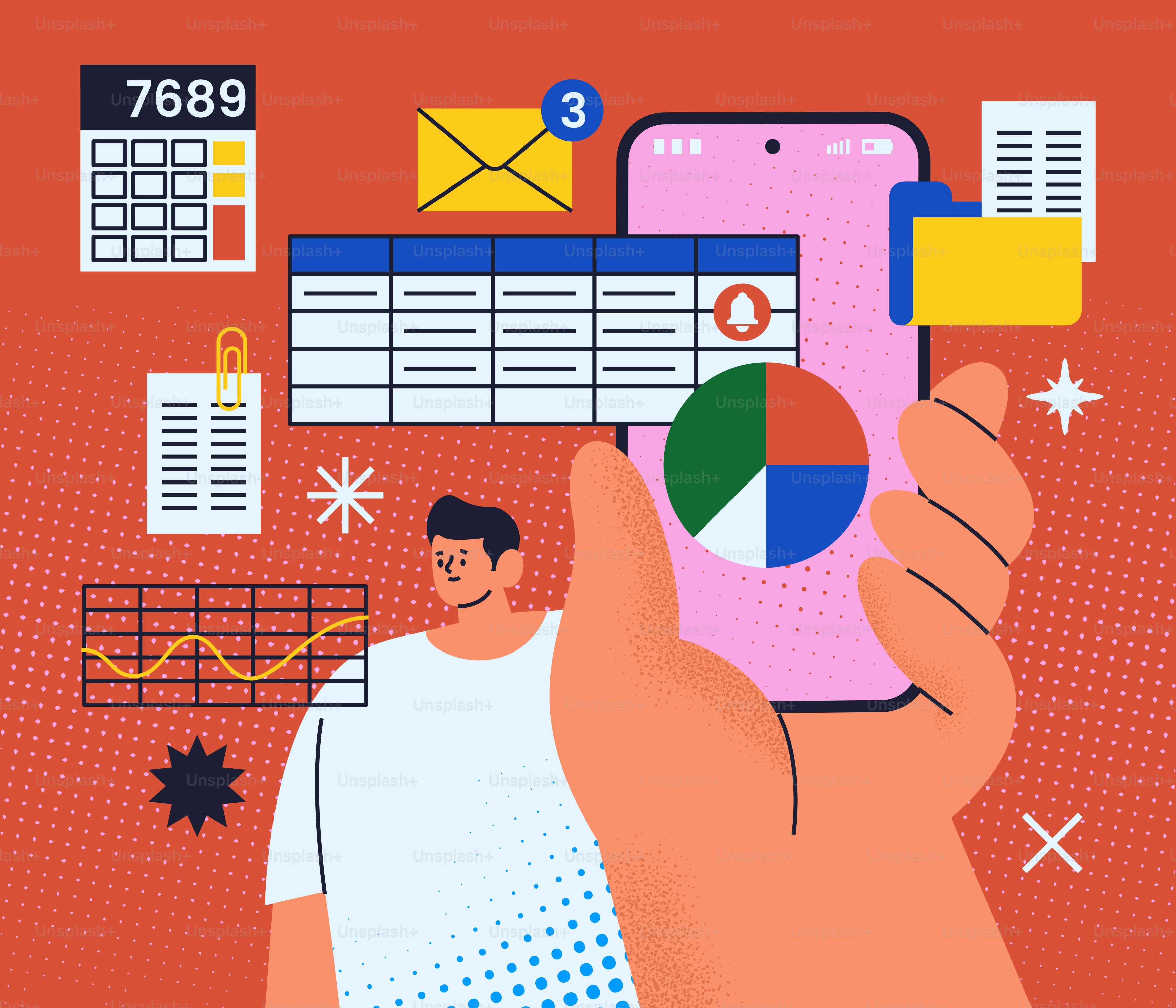 A hand holding a smartphone displaying a pie chart with floating productivity icons