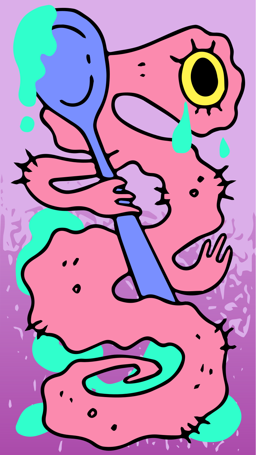 Una criatura de dibujos animados rosa con un ojo sosteniendo una cuchara azul sobre morado