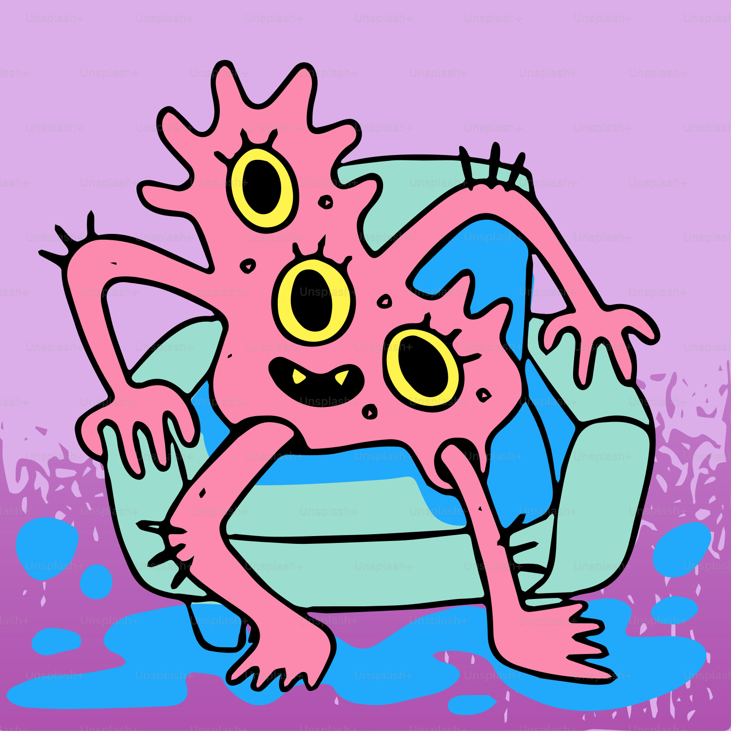 Un monstruo de dibujos animados rosa con tres ojos sentado en un sillón azul claro