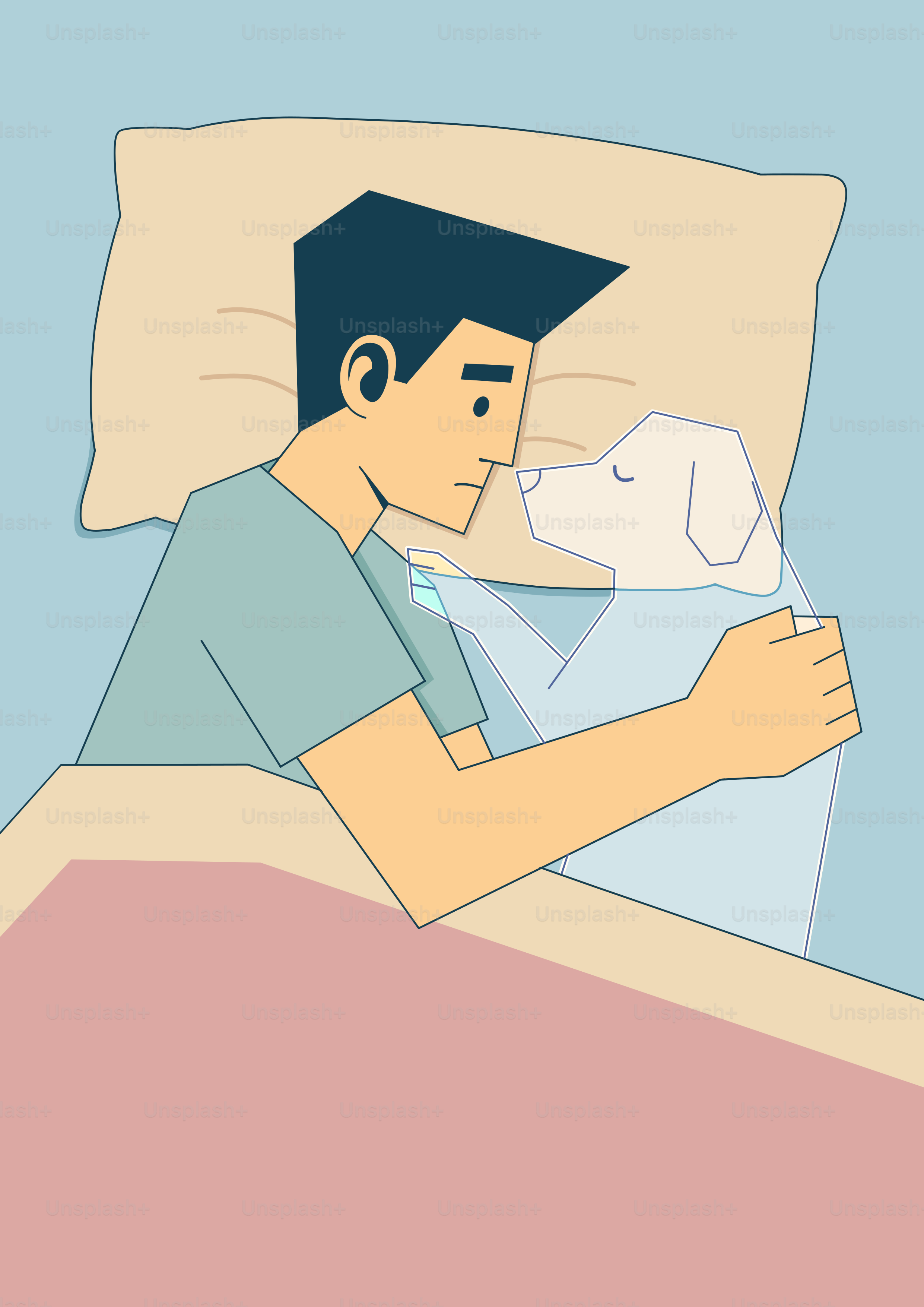 Una persona sdraiata a letto che abbraccia la sagoma di un cane bianco su un cuscino