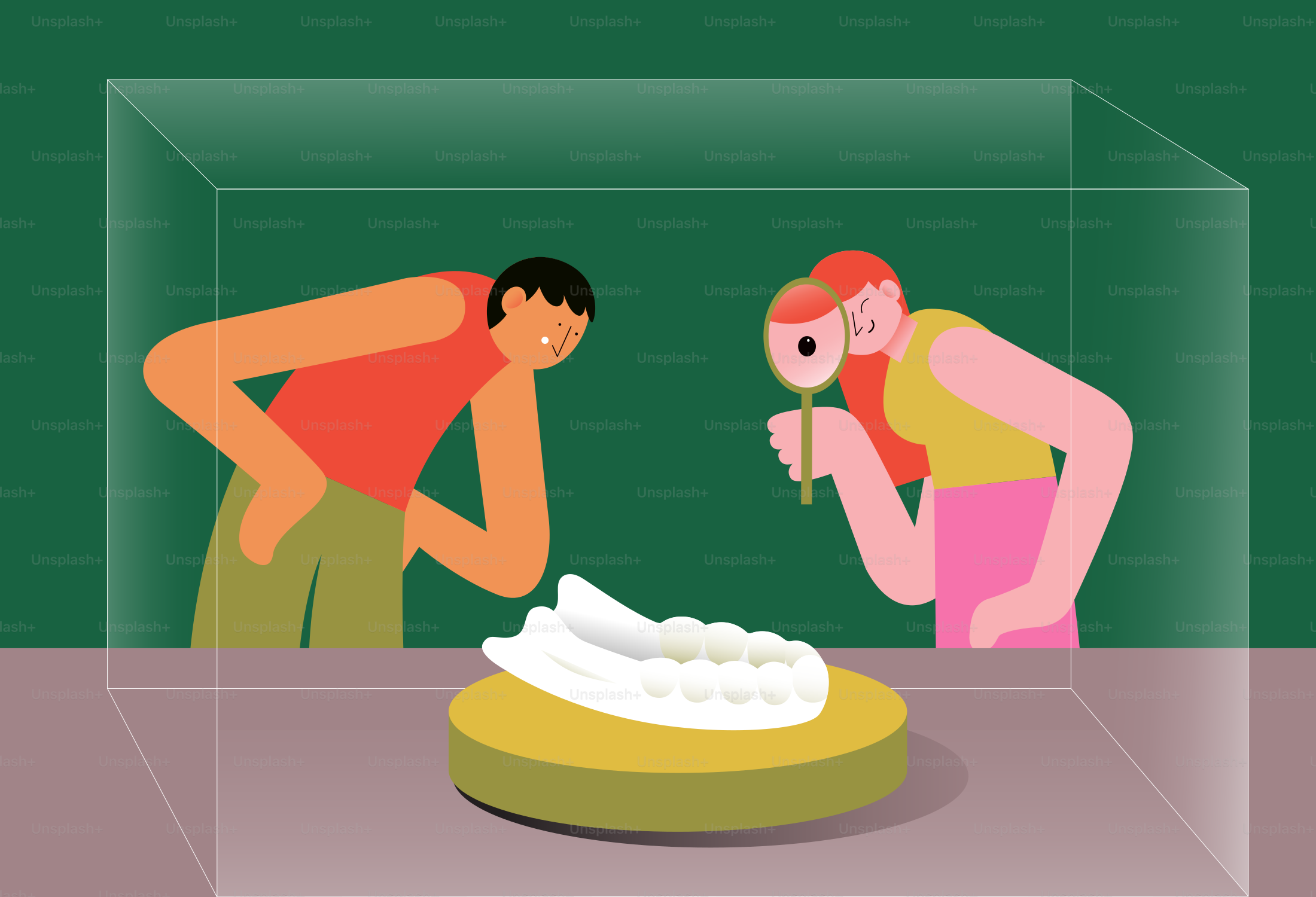 Two people looking at a white fossilized jawbone inside a glass display case