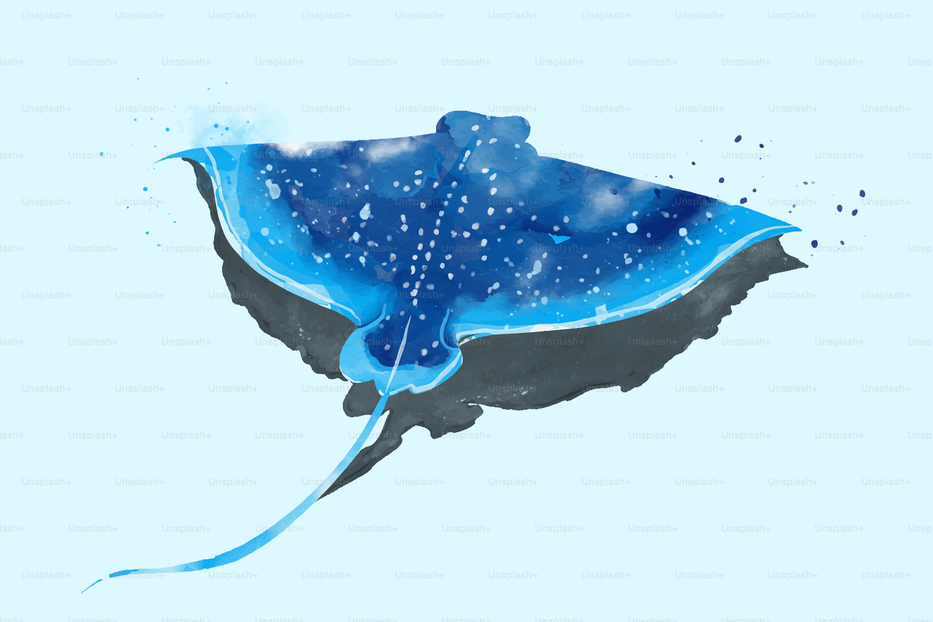 Ein stilisierter Mantarochen mit blauen Aquarellmustern und weißen Flecken