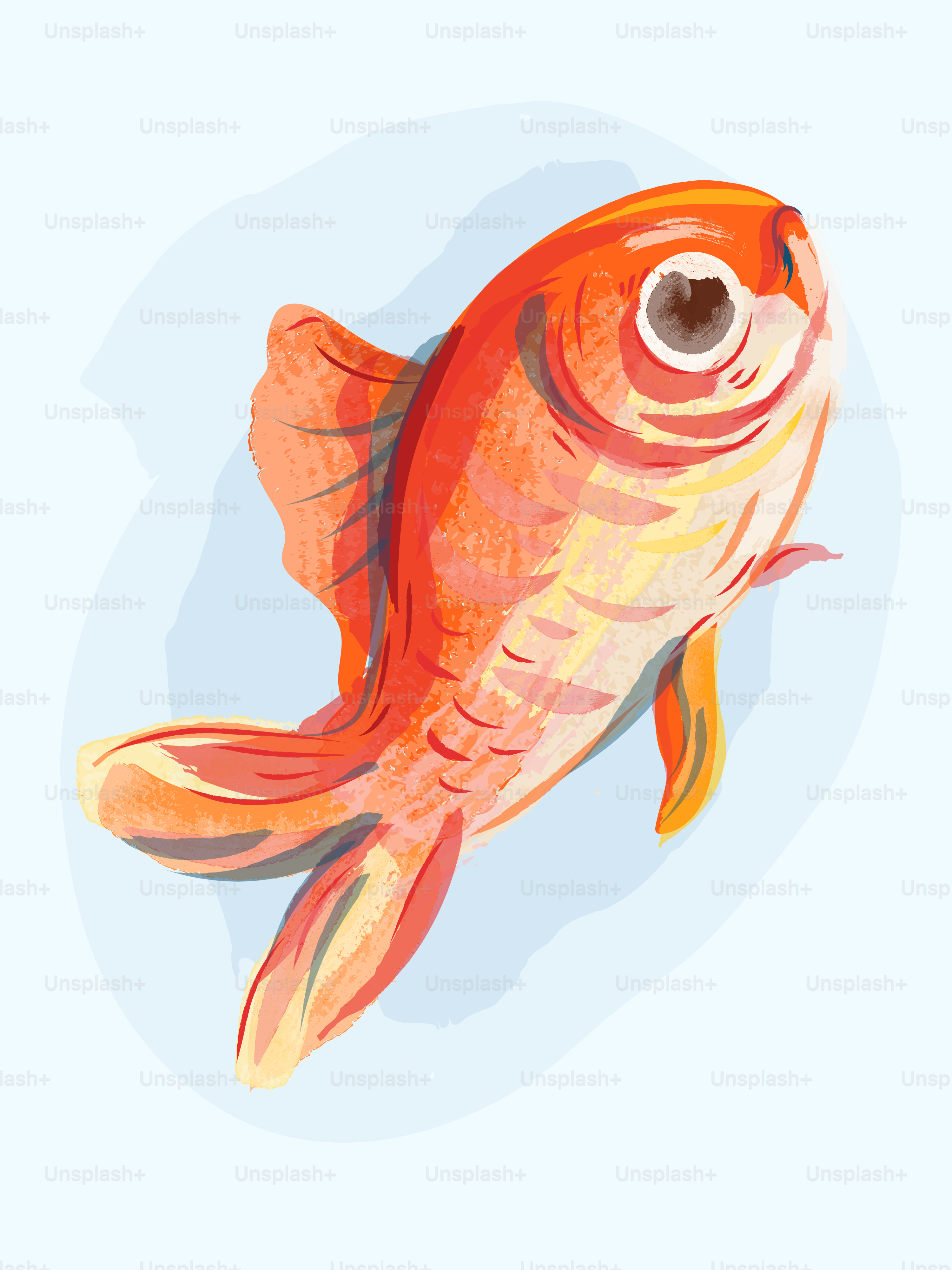 Un dipinto ad acquerello di un pesce rosso arancione che nuota su uno sfondo azzurro chiaro