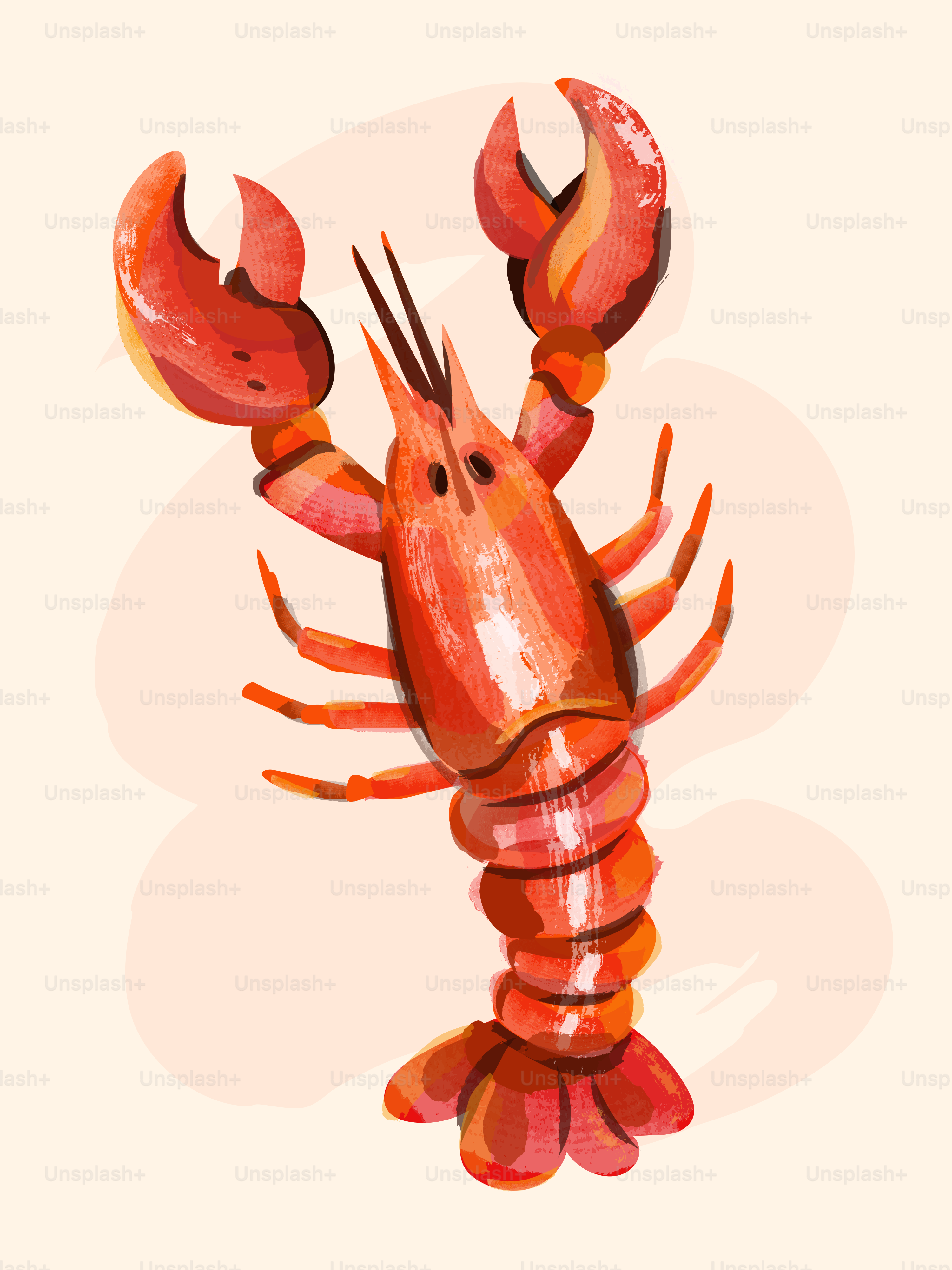 연한 크림색 배경에 큰 발톱을 가진 스타일화된 붉은 바닷가재