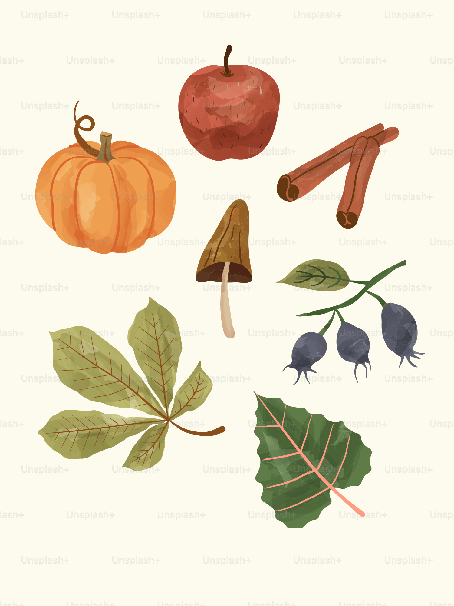 Une citrouille, une pomme, des bâtonnets de cannelle, un champignon, des baies et des feuilles d’automne sur crème