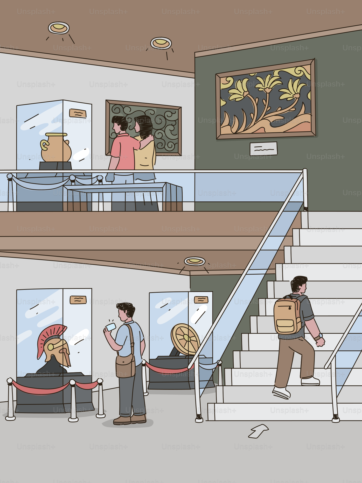 Des gens observant des artefacts anciens dans des vitrines en verre à l’intérieur d’un musée à plusieurs niveaux