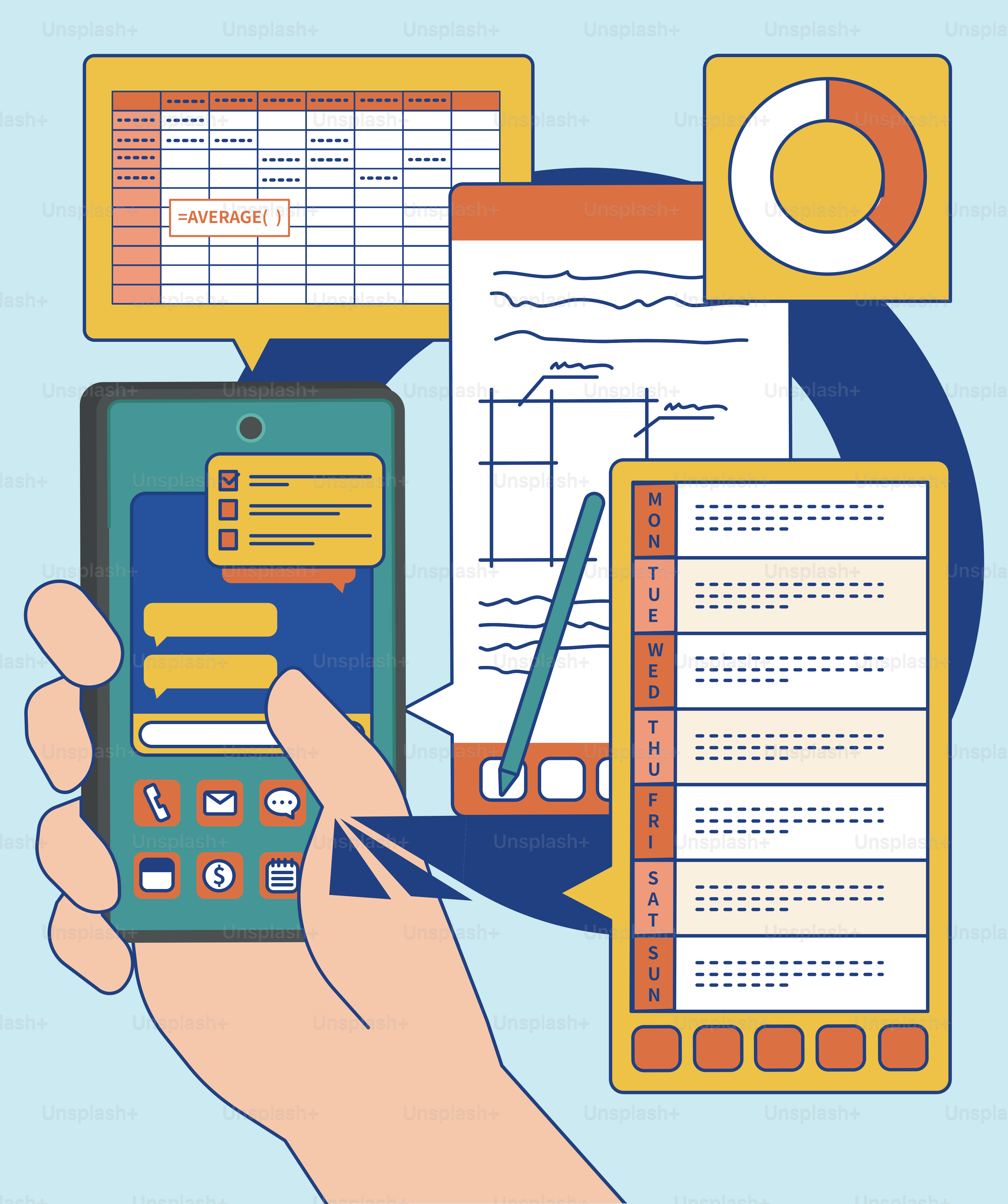 Una mano sujetando un smartphone rodeada de gráficos digitales, un calendario y notas