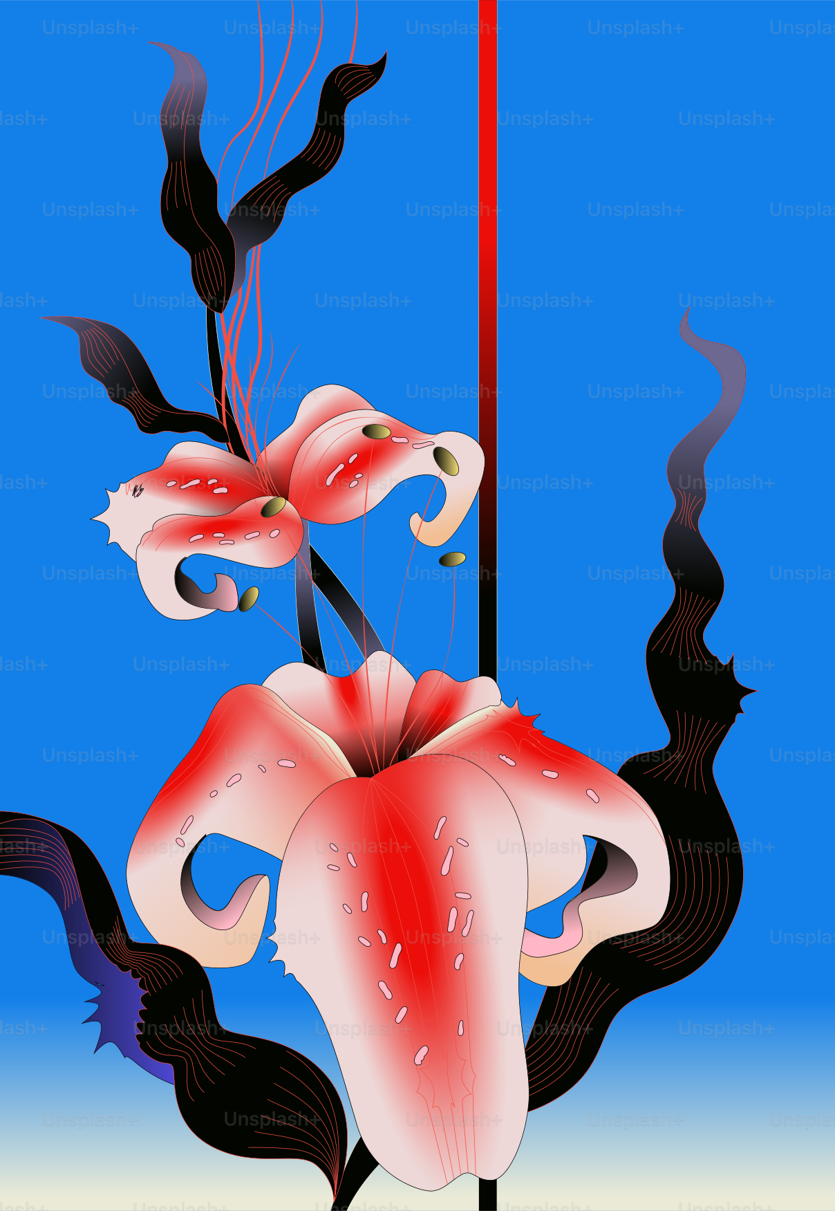 Dua bunga lili merah dan putih dengan daun hitam bergelombang di latar biru
