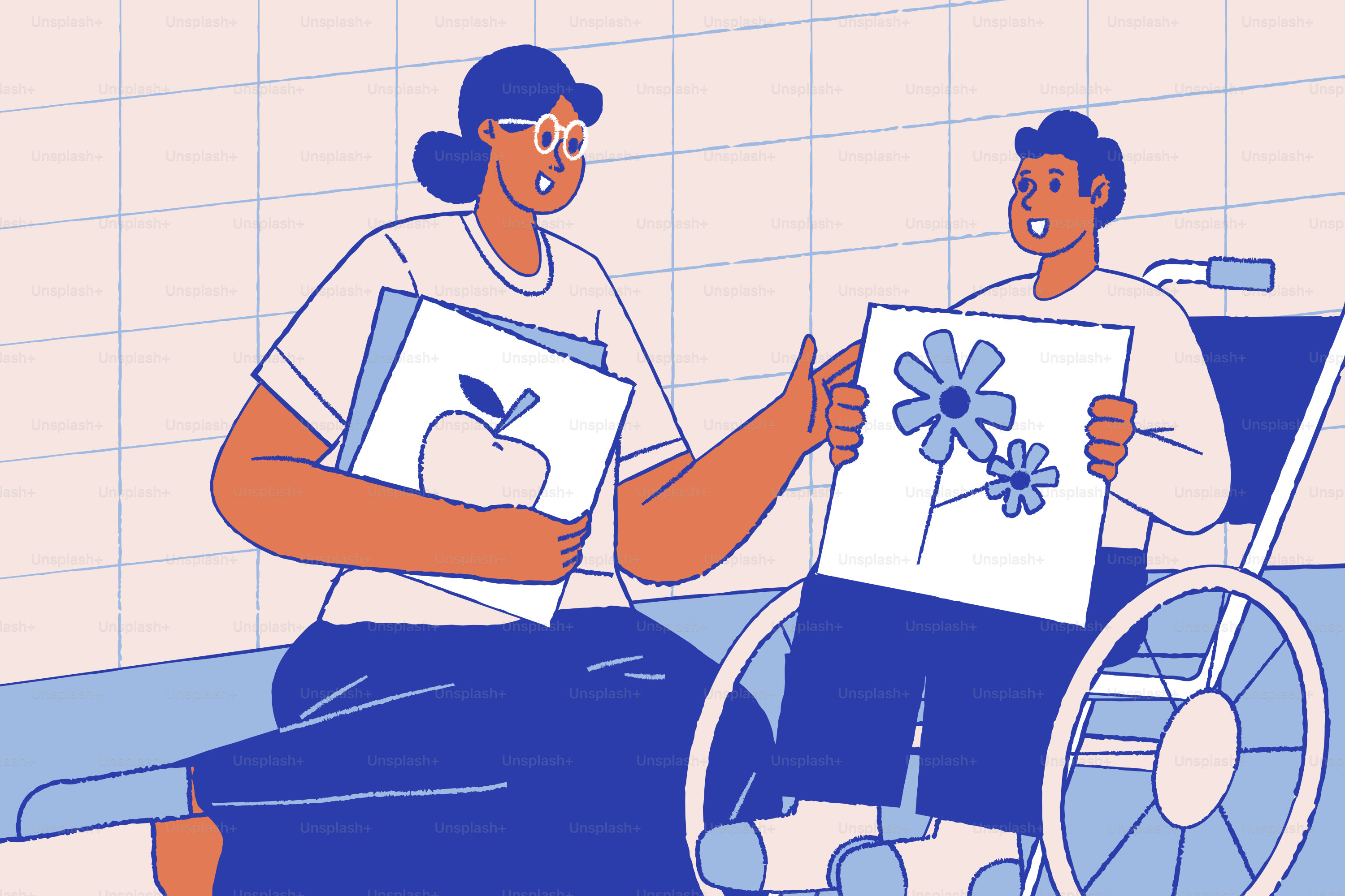 Um adulto e uma criança em cadeira de rodas segurando cartões ilustrados com flores