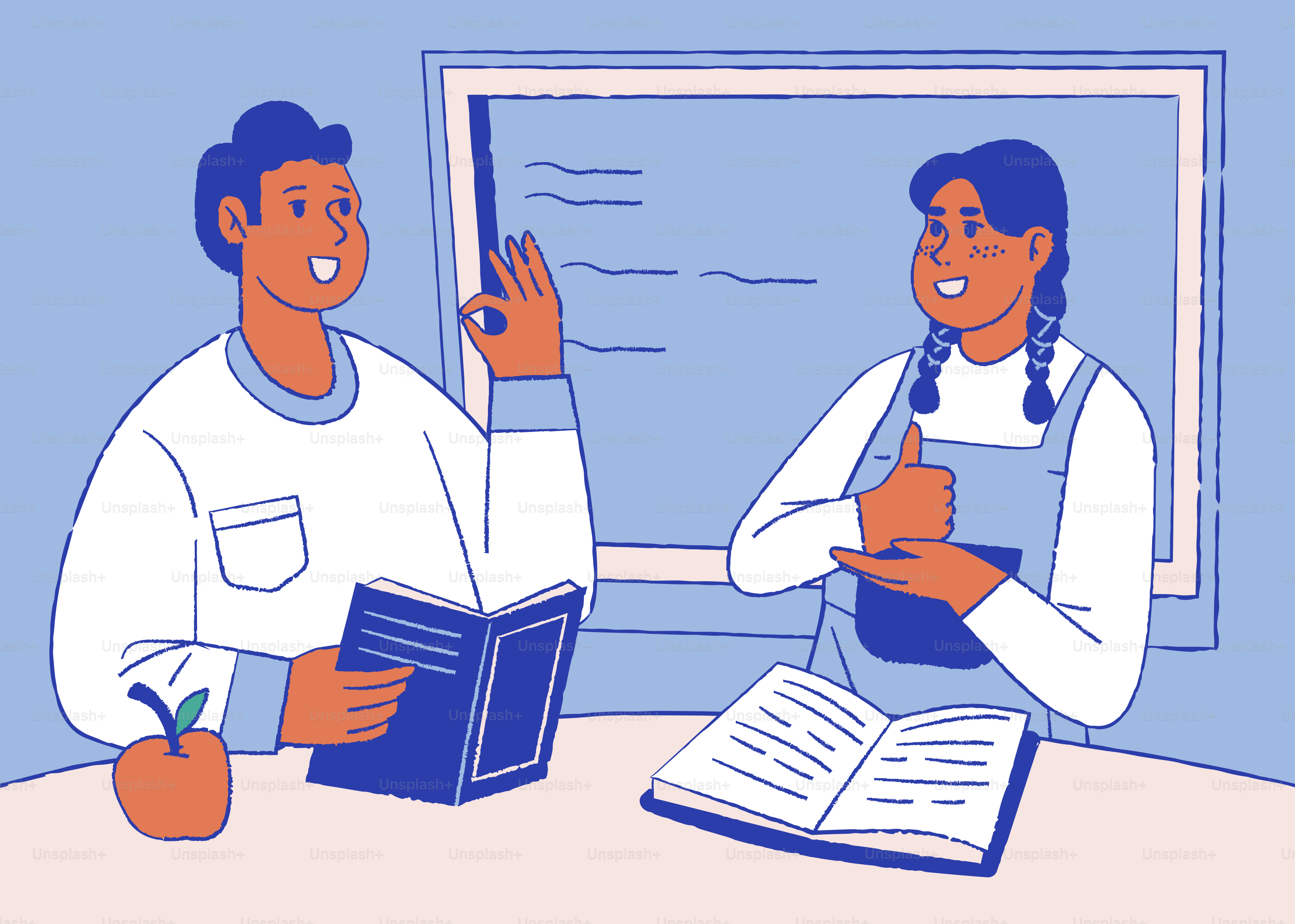 Duas pessoas estudando com livros em uma mesa em uma sala de aula