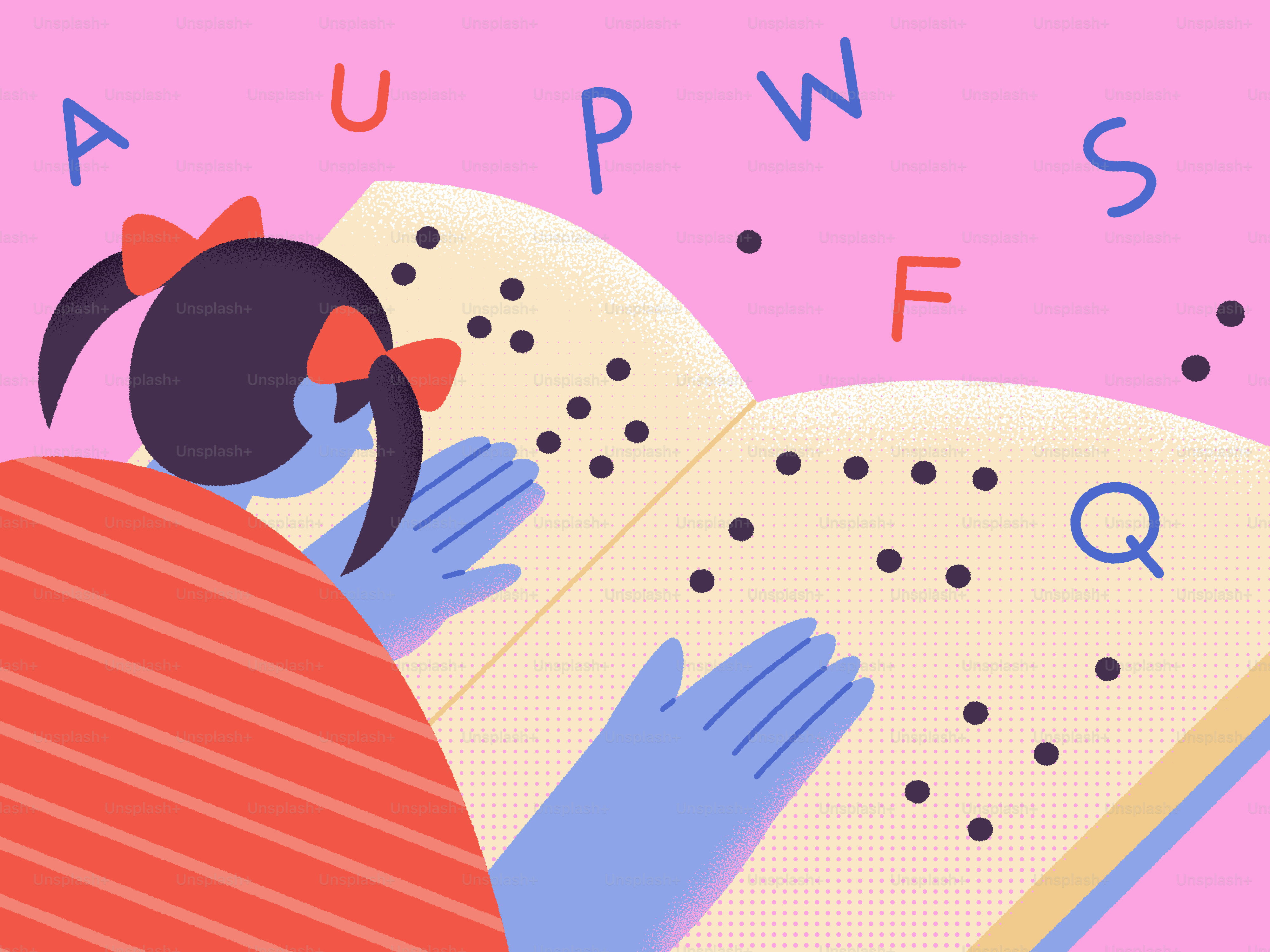 Una persona con le codine che legge un libro con puntini braille su sfondo rosa