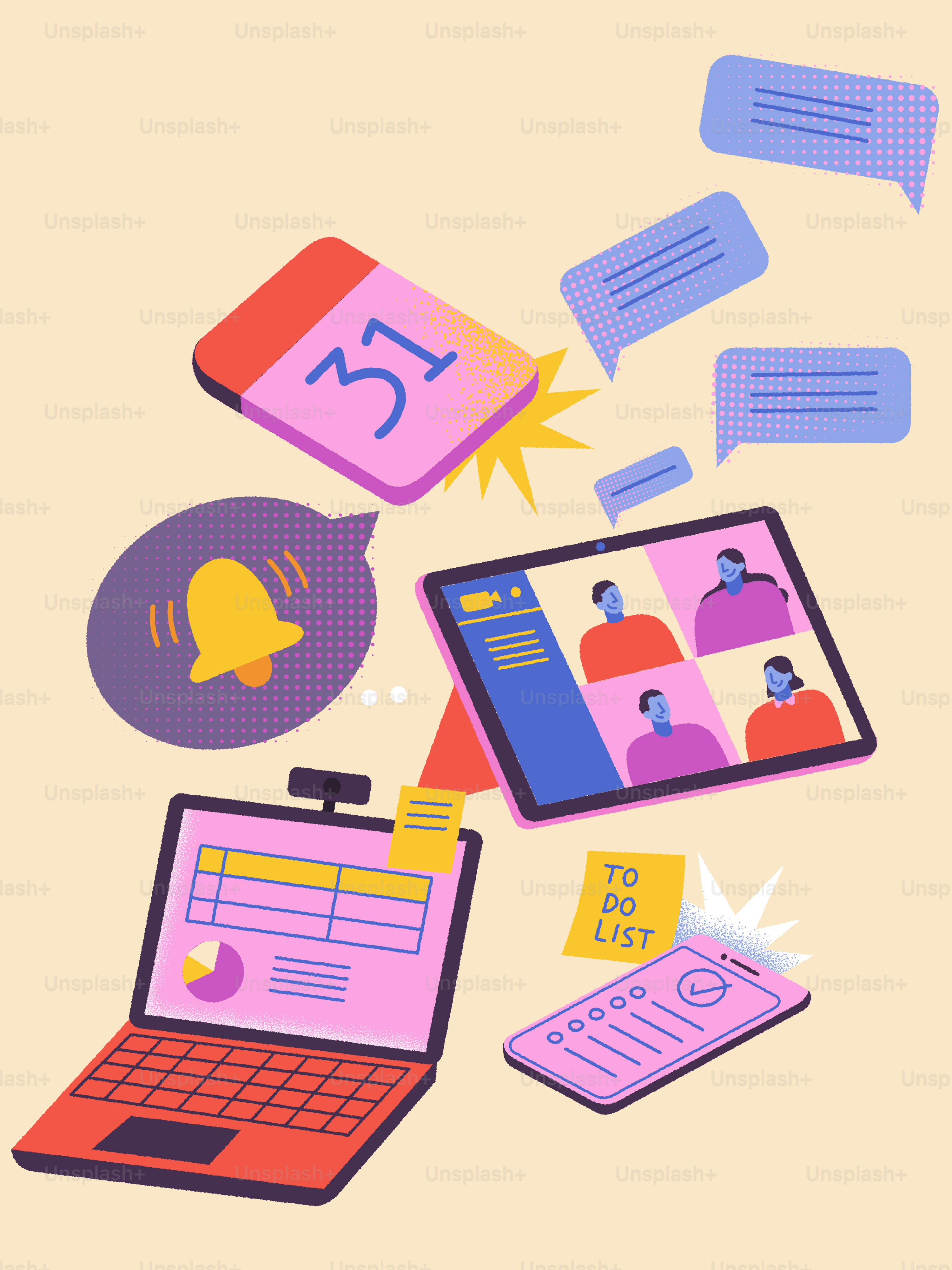 Ein Laptop, Tablet und Smartphone mit digitalem Kalender, Chatblasen und To-do-Liste