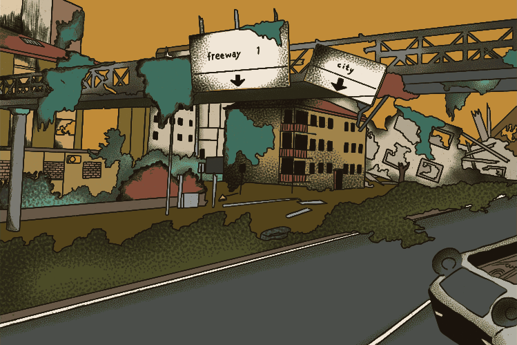 An overgrown abandoned city street with road signs reading freeway and city