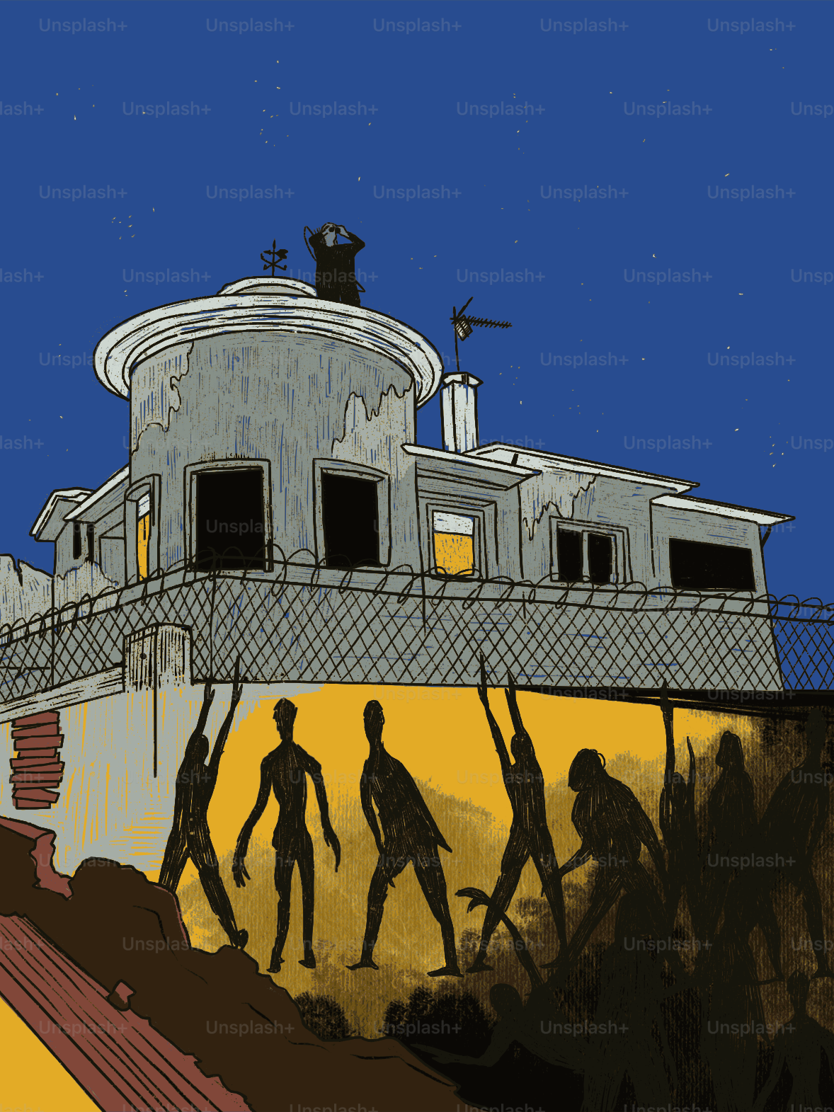 A person on a roof watching silhouettes of people against a yellow wall