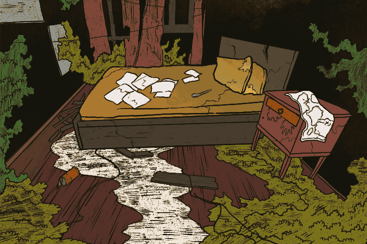An abandoned bed and nightstand in a dark room with overgrown green foliage