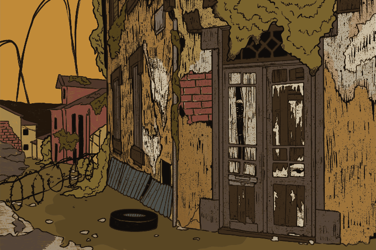 A dark figure peering through a glass door of a crumbling, vine-covered building