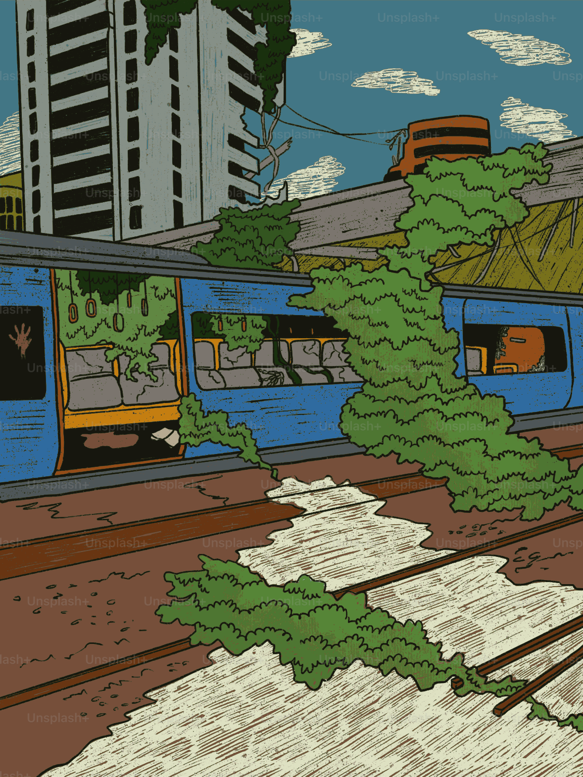 An abandoned blue subway train overgrown with green vines near a tall building