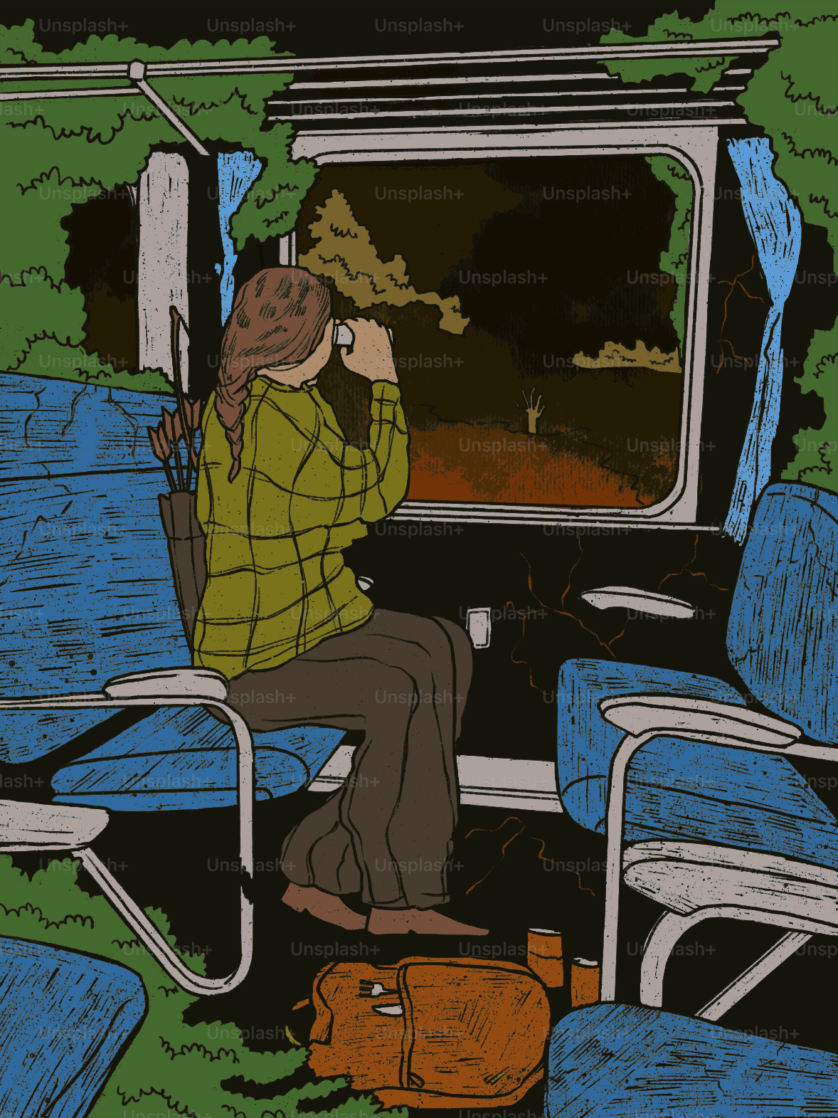A person with a braid looking through binoculars from a train carriage window