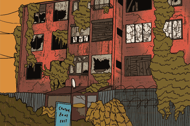 An abandoned red brick building with broken windows and vines against an orange sky
