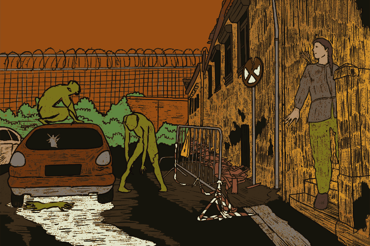 A person with a bow standing near a building watching two green creatures
