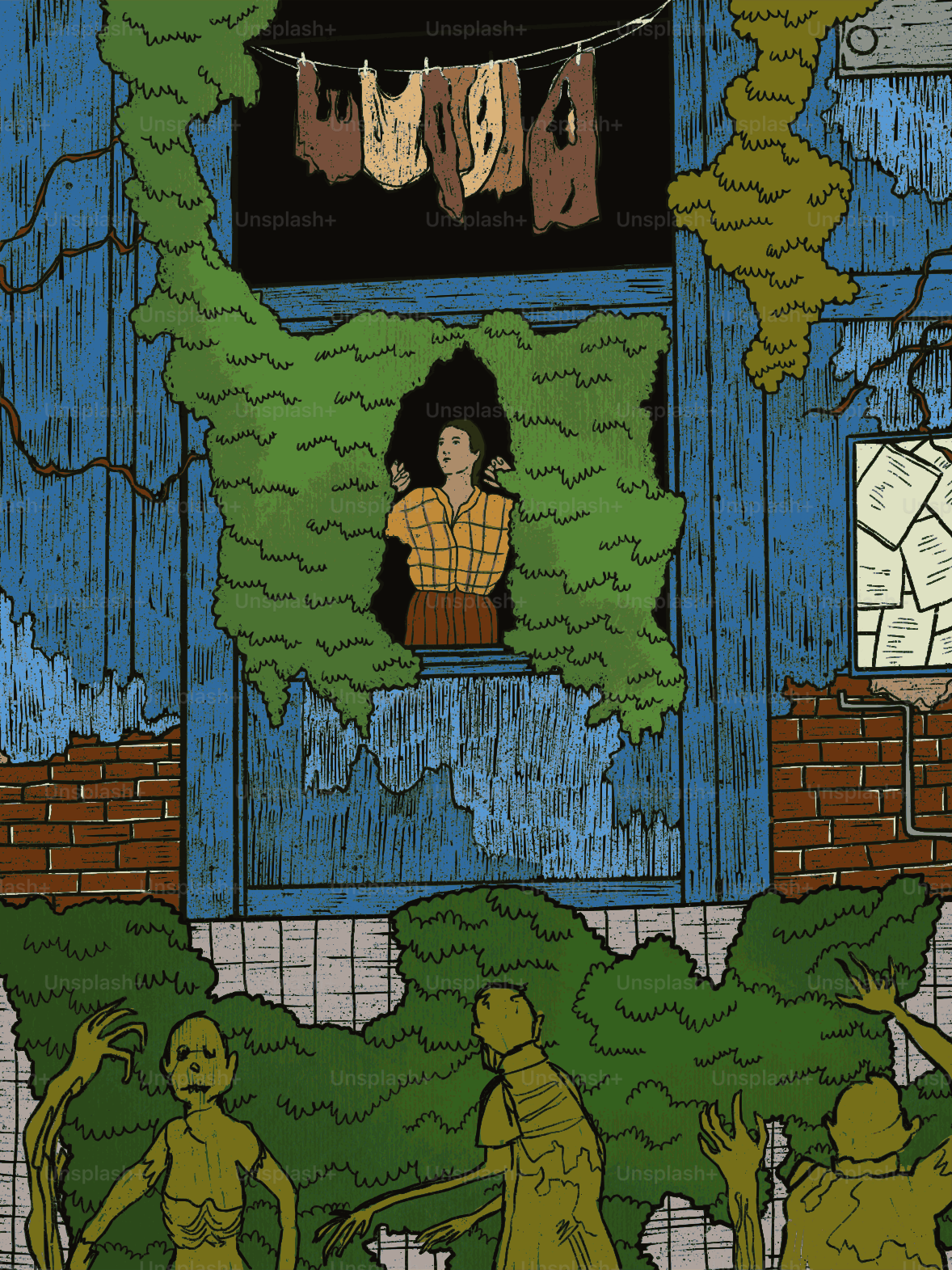 A person in a yellow plaid shirt looking out from a vine-covered window