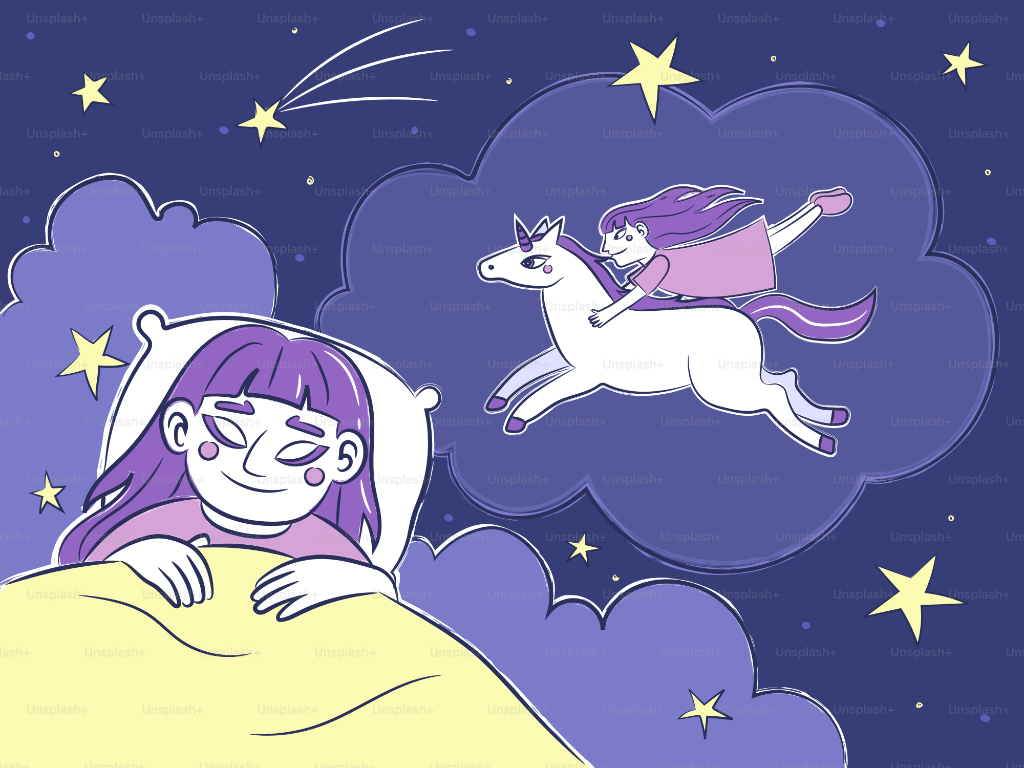 A person sleeping under a yellow blanket with a thought bubble showing a unicorn