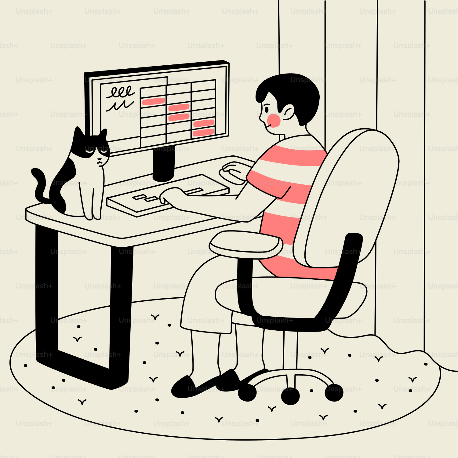 Una persona con una camisa de rayas trabajando en un ordenador con un gato