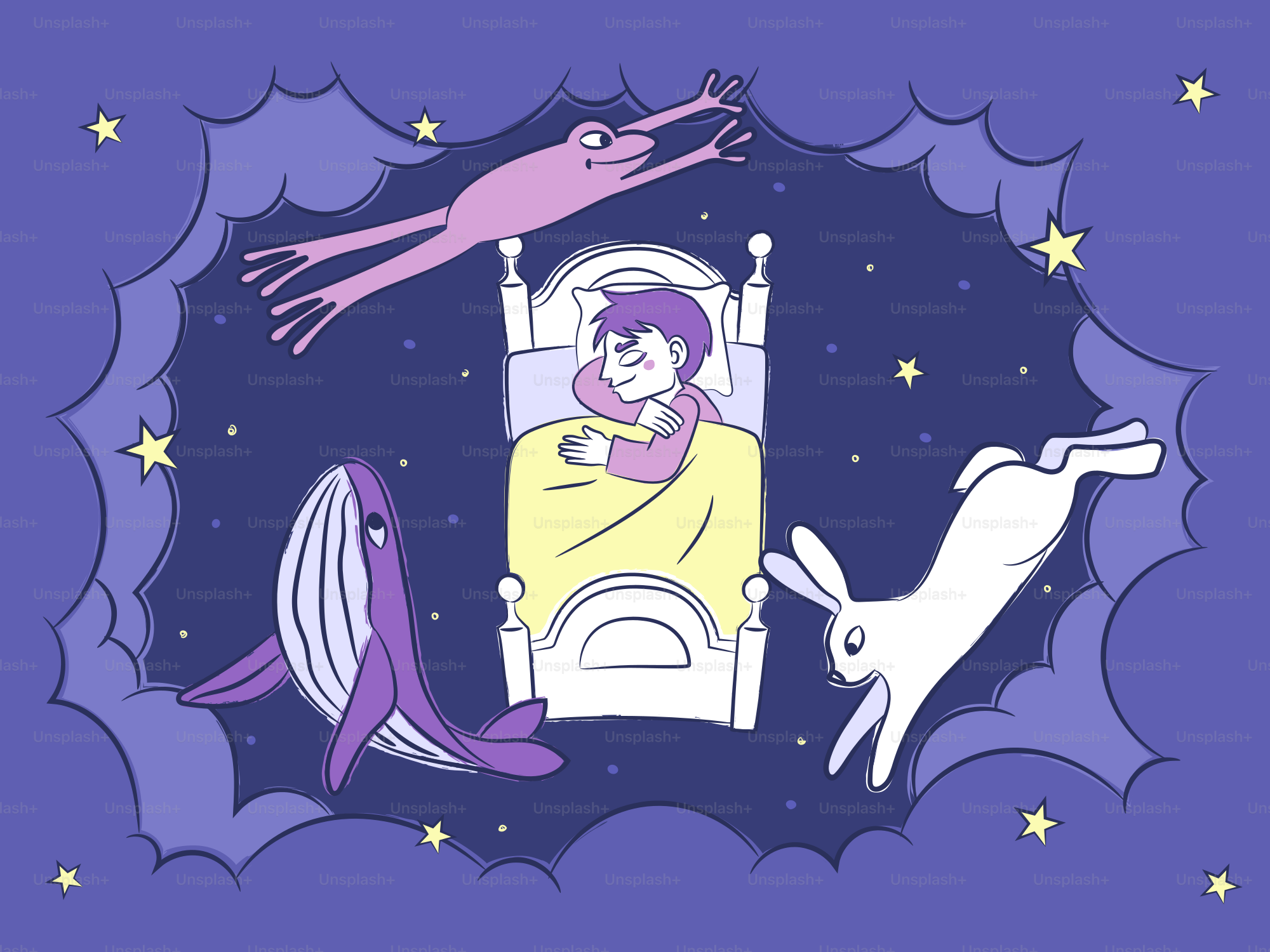 A person sleeping in bed surrounded by a floating whale, rabbit, and frog