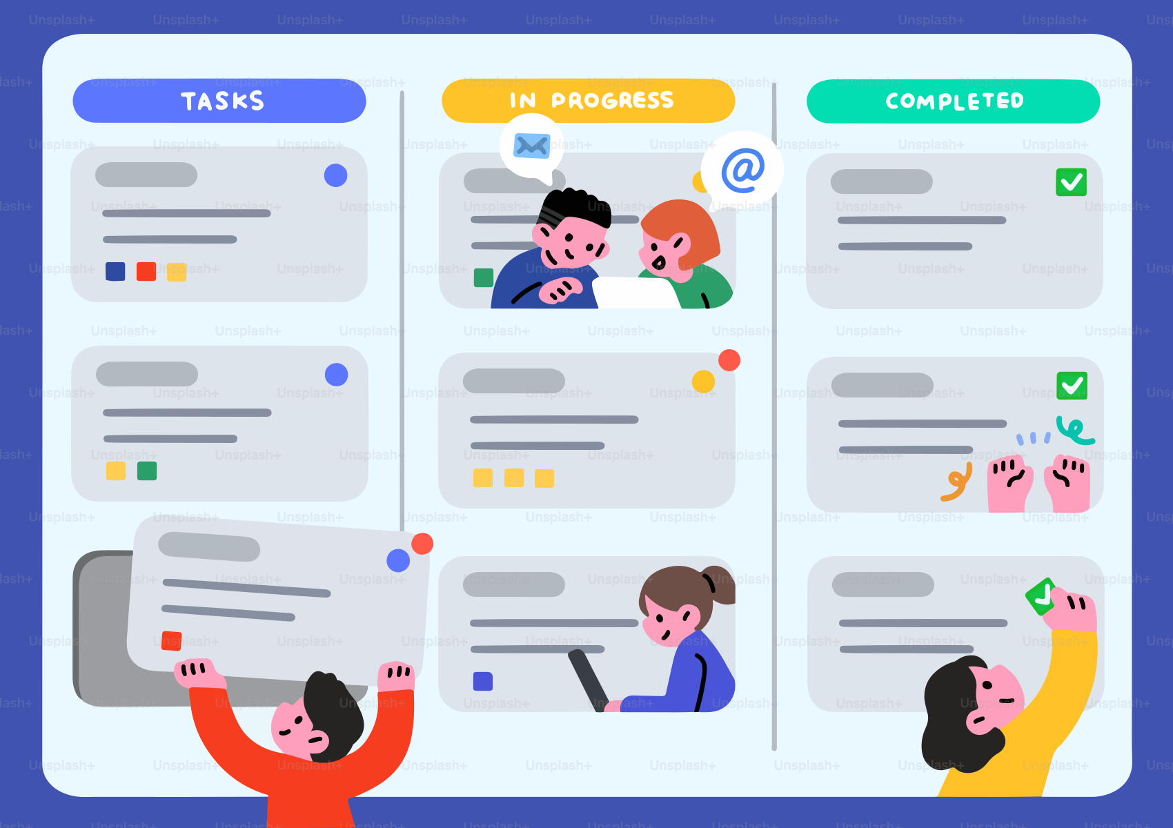 Personas trabajando en un tablero digital de kanban con tareas en progreso y completadas