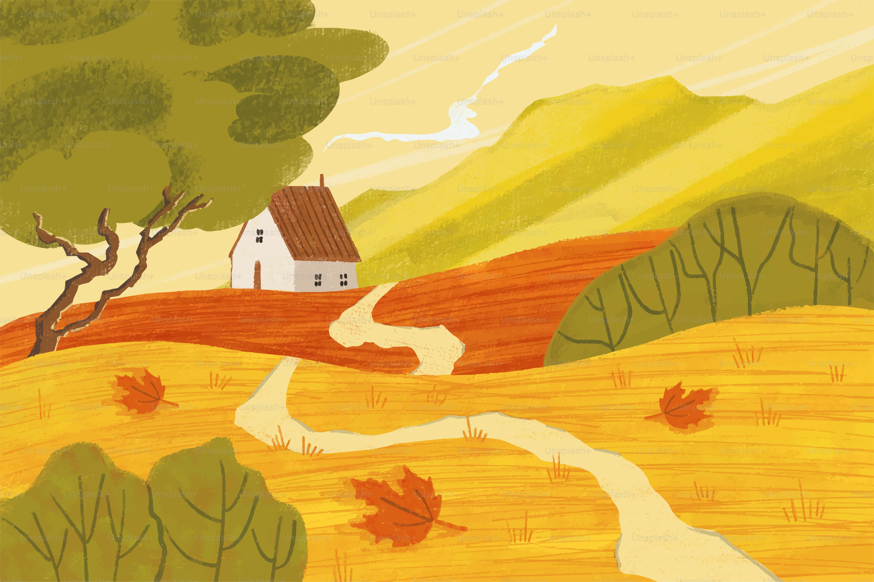 A house on a golden hill with a winding path and autumn leaves