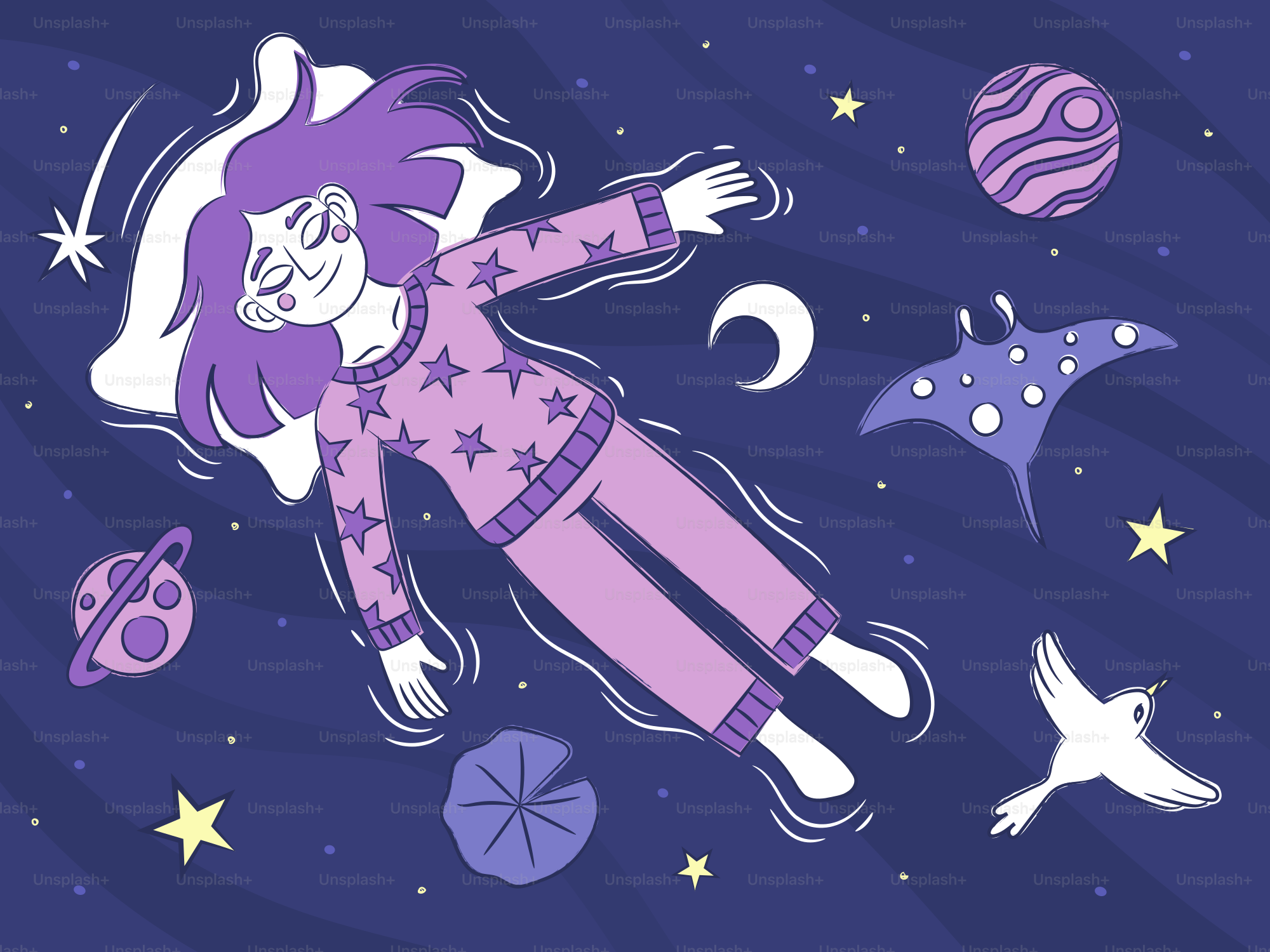 A person floating in a starry sky with planets, a moon, bird, and ray