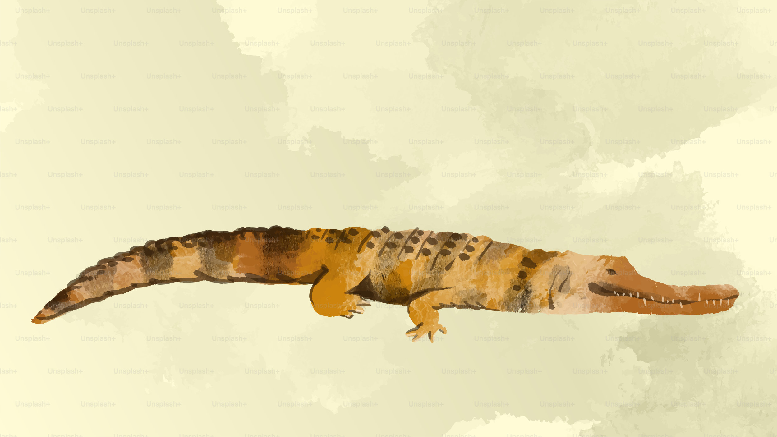 Un coccodrillo marrone di profilo su uno sfondo a texture giallo pallido