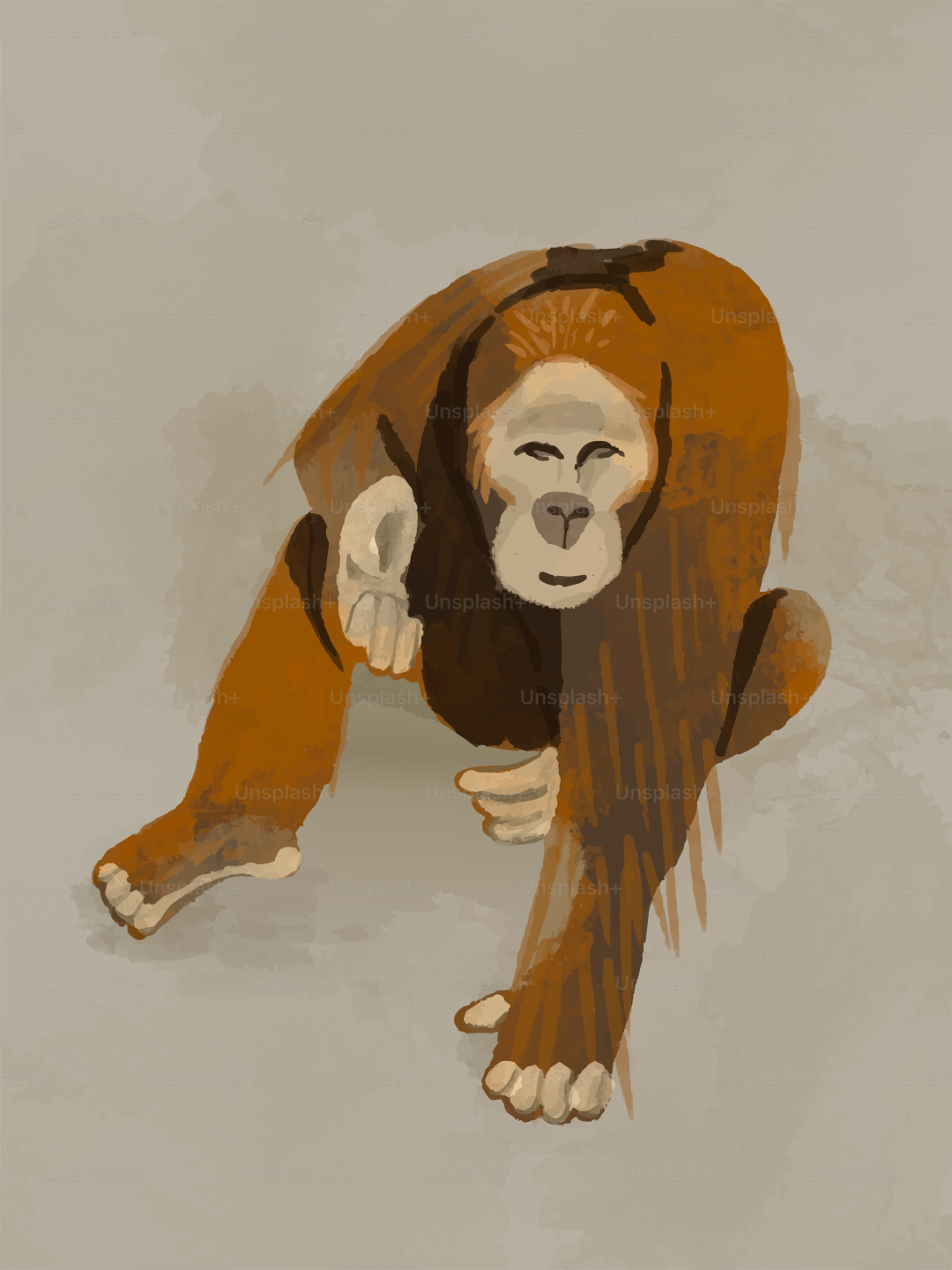 Ein Orang-Utan mit langem braunem Fell auf neutralem grauem Hintergrund