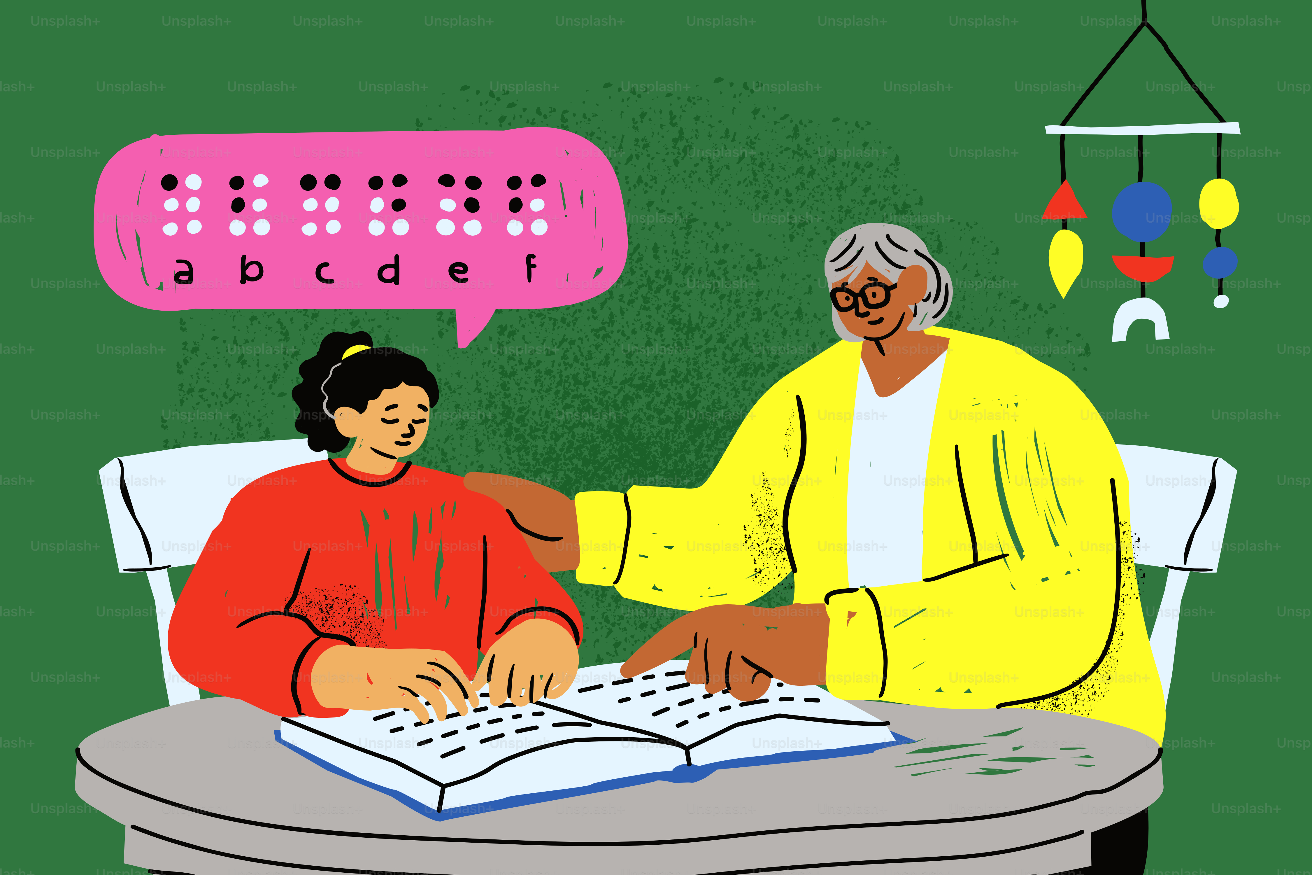 Una persona con un cardigan giallo che insegna a un bambino a leggere il braille